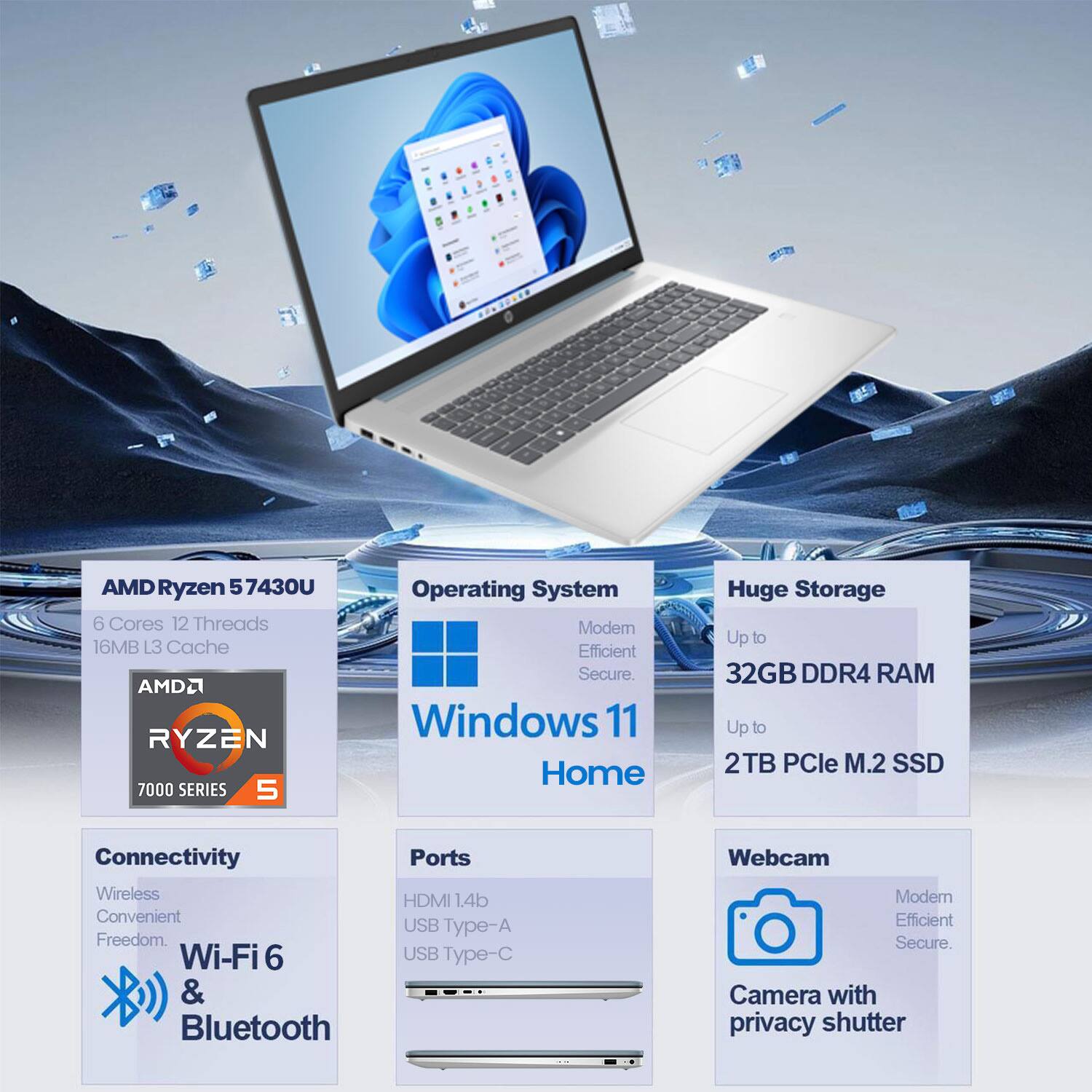 1. AMD Ryzen 5 7430U  
   - 6 Cores  
   - 12 Threads  
   - 16MB L3 Cache  
   - AMD Ryzen 7000 Series  

2. Operating System  
   - Windows 11 Home  

3. Huge Storage  
   - Up to 32GB DDR4 RAM  
   - Up to 2TB PCIe M.2 SSD  

4. Connectivity  
   - Wi-Fi 6  
   - Bluetooth  

5. Ports  
   - HDMI 1.4b  
   - USB Type-A  
   - USB Type-C  

6. Webcam  
   - Camera with privacy shutter  

7. Modem  
   - Efficient  
   - Secure