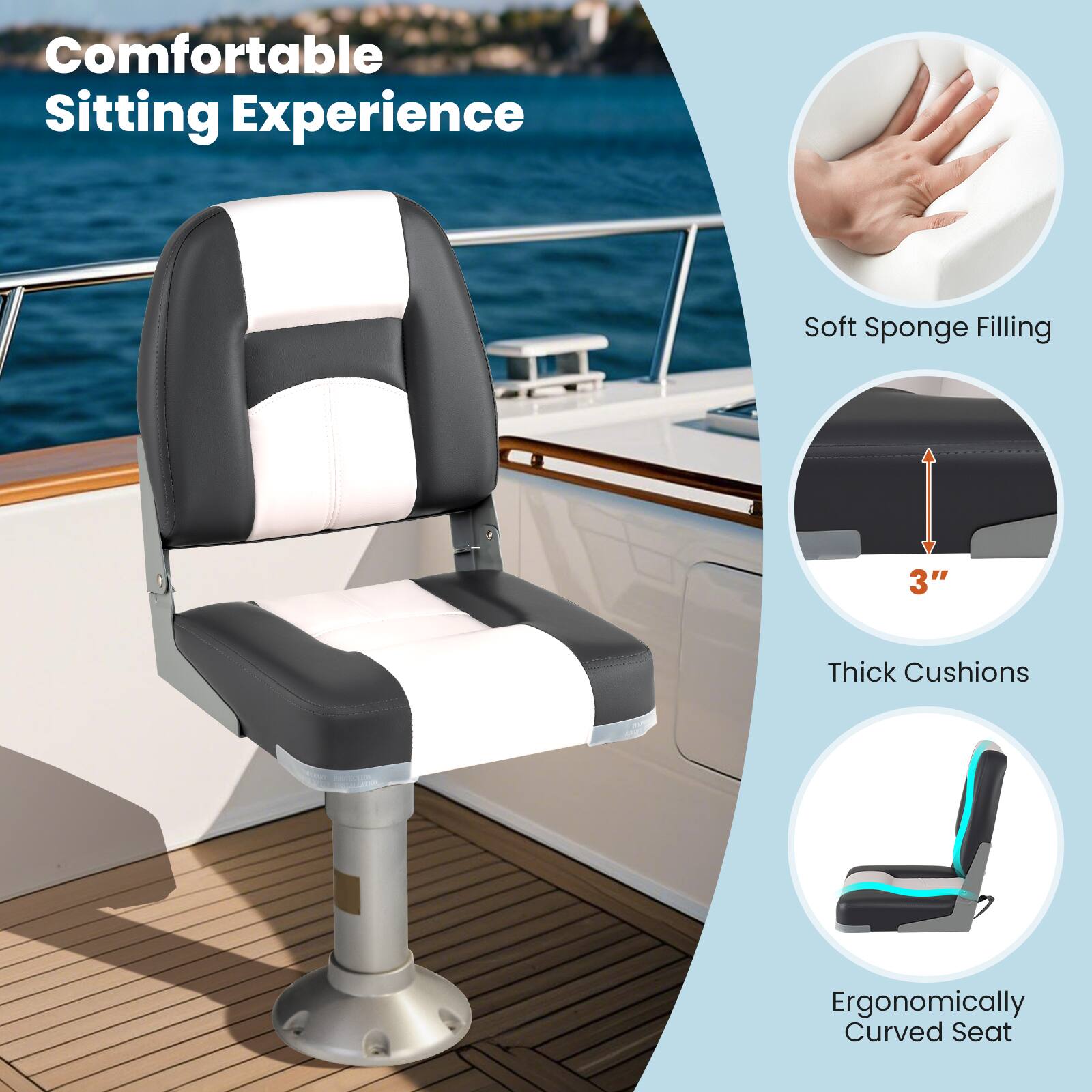 Comfortable Sitting Experience

- Soft Sponge Filling
- 3" Thick Cushions
- Ergonomically Curved Seat