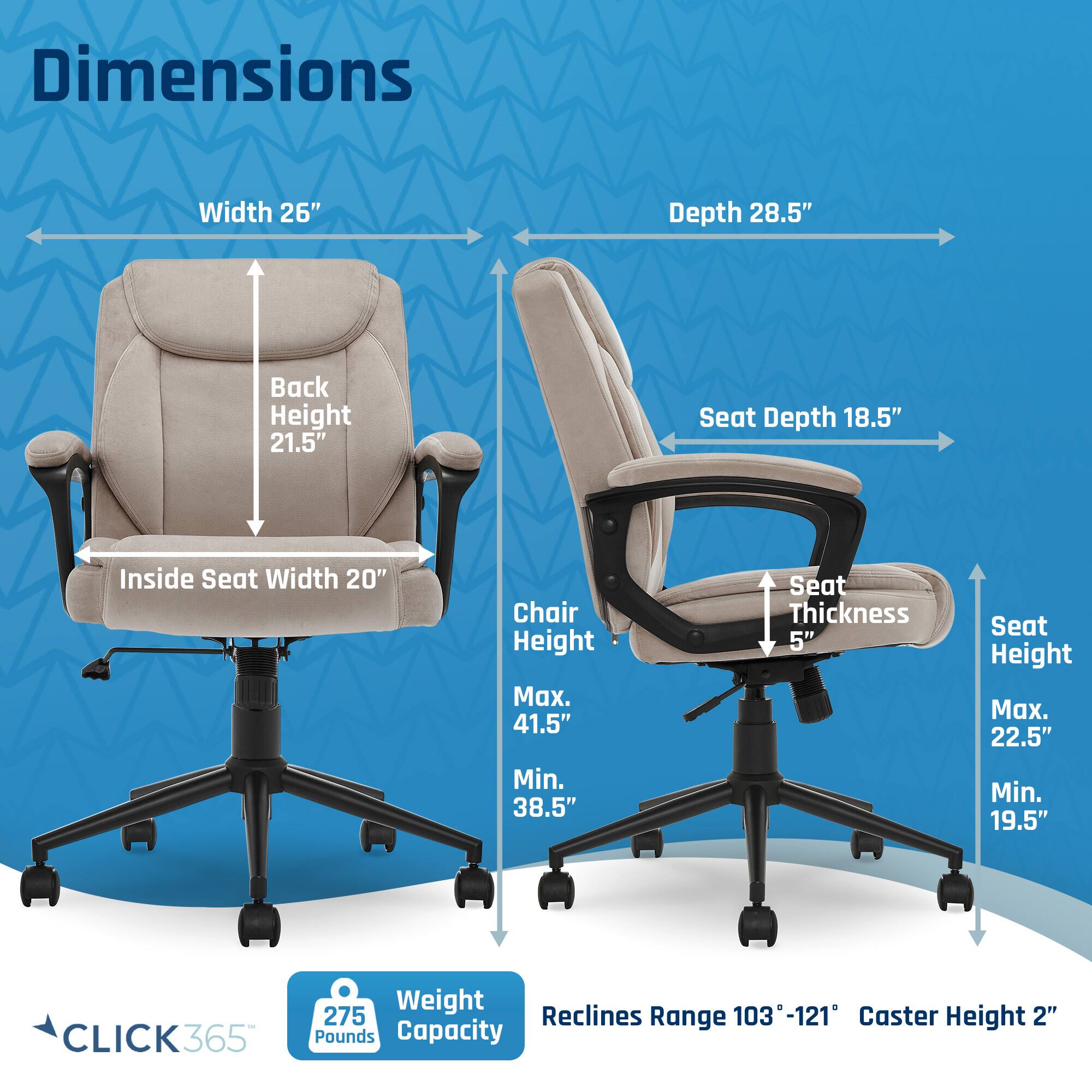 The image displays a chair with dimensions and specifications, including width, depth, back height, seat depth, inside seat width, chair height, seat thickness, and seat height. The chair has a width of 26 inches, a depth of 28.5 inches, a back height of 21.5 inches, a seat depth of 18.5 inches, an inside seat width of 20 inches, a chair height of up to 41.5 inches, a minimum seat height of 38.5 inches, a seat thickness of 5 inches, and a seat height of up to 22.5 inches. The chair is designed to hold a maximum weight of 365 pounds and has a caster height of 2 inches.