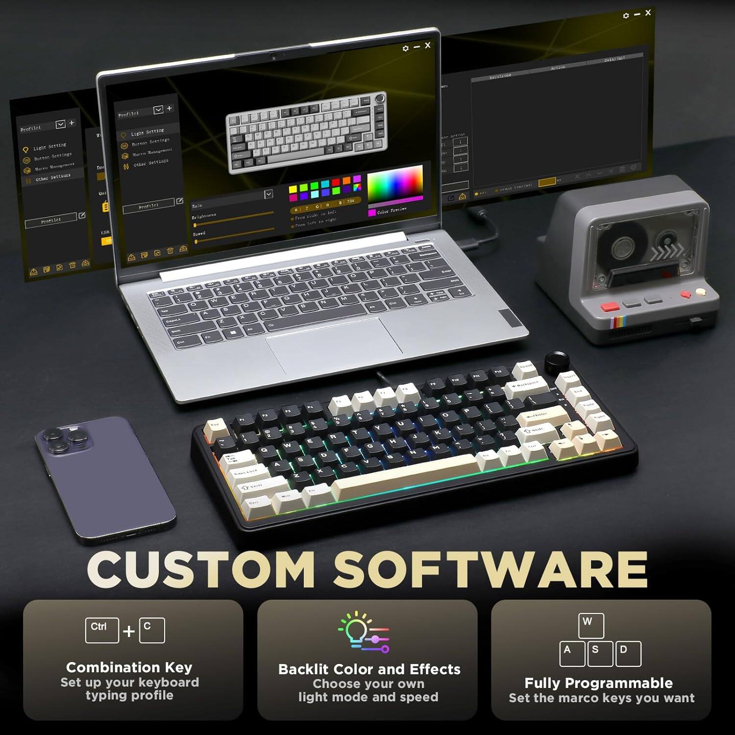 Custom software for a keyboard allows you to set up your keyboard typing profile using combination keys, choose your own backlight color and effects, and fully program the macro keys you want.