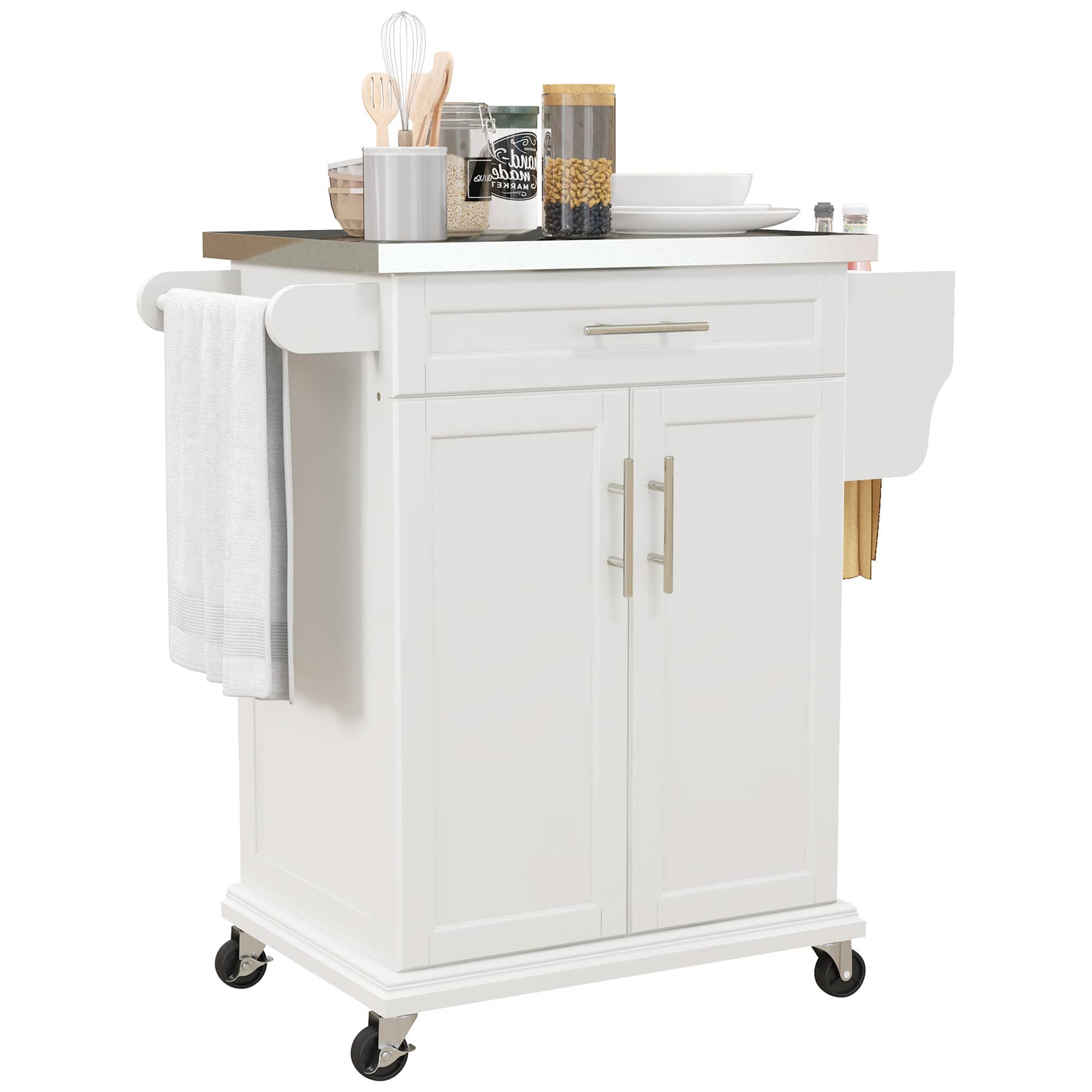 Homcom - Kitchen Island on Wheels, Rolling Cart with Stainless Steel Countertop, Drawer, Towel Rack & Spice Rack - White