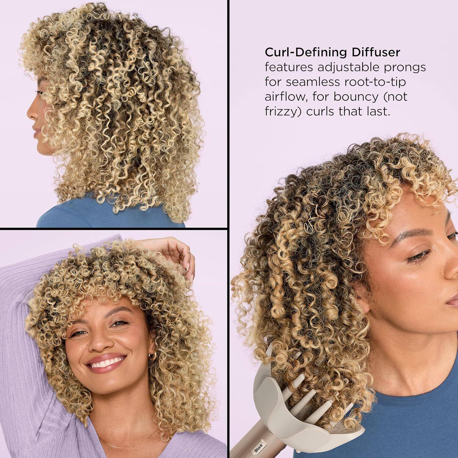 Curl-Defining Diffuser  
features adjustable prongs for seamless root-to-tip airflow, for bouncy (not frizzy) curls that last.