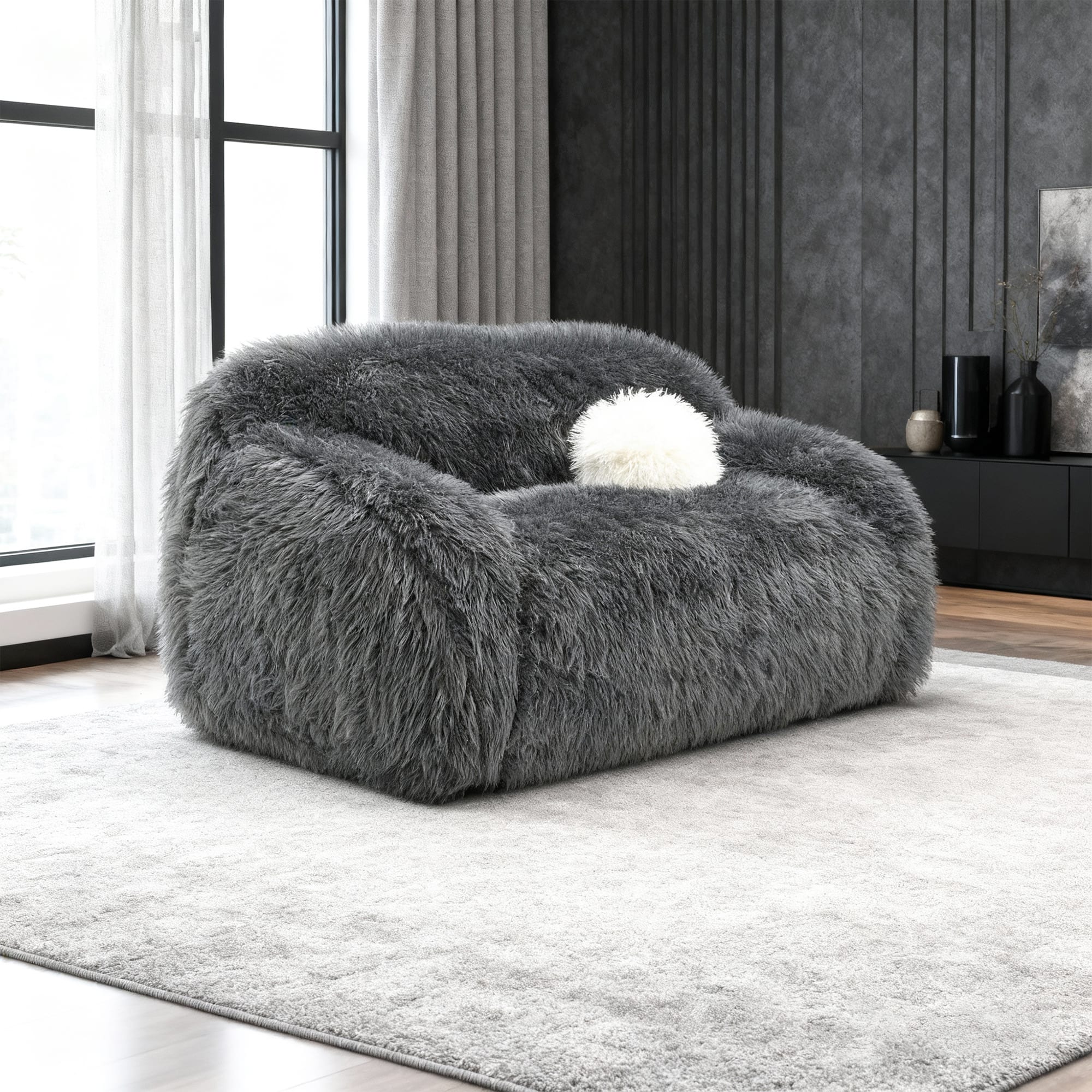 Vaczon - Faux Fur Loveseat Sofa Cozy Shaggy Plush Chair for Home Apartment or Lounge Area with Accent Pillows - Dark Gray
