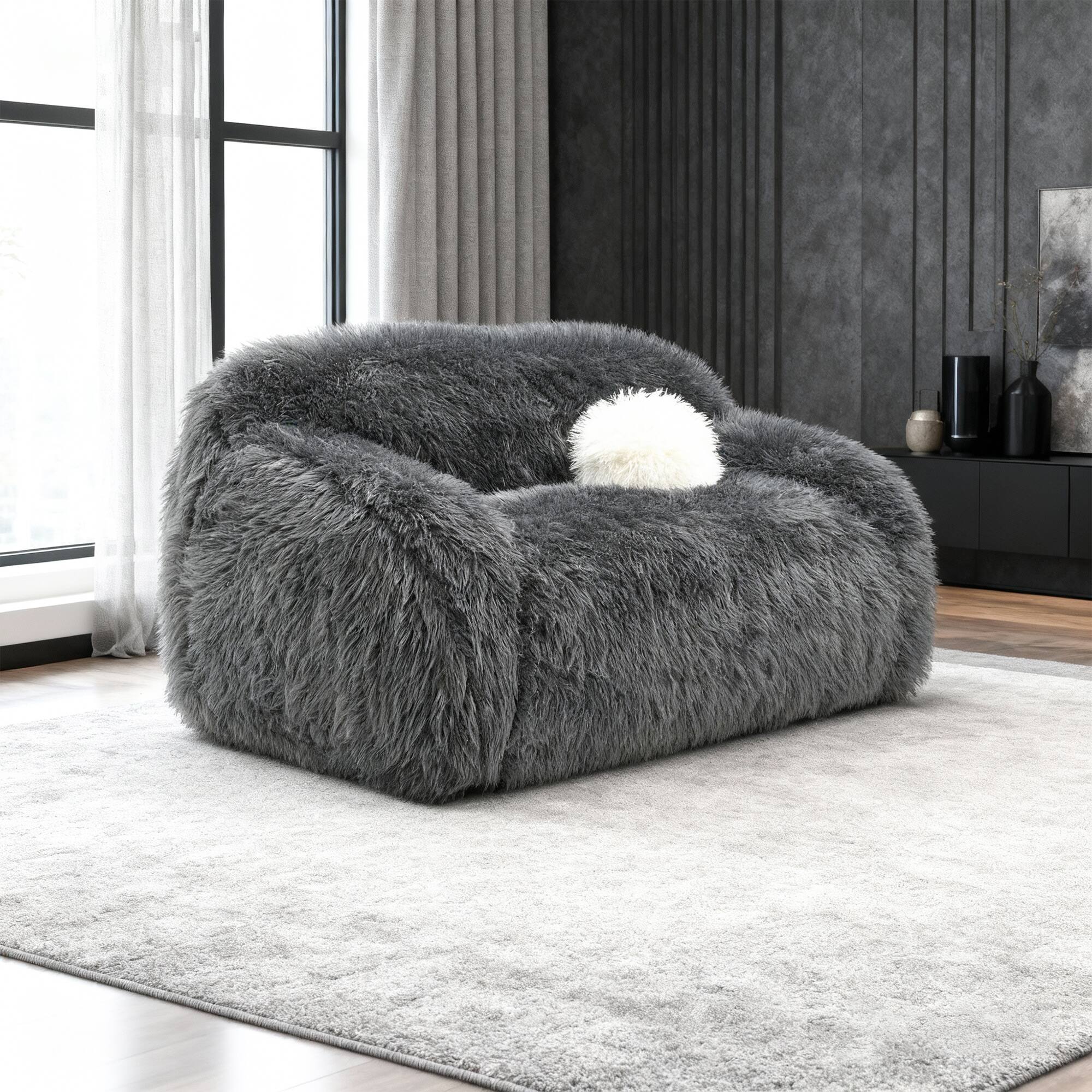 Left. Vaczon - Faux Fur Loveseat Sofa Cozy Shaggy Plush Chair for Home Apartment or Lounge Area with Accent Pillows - Dark Gray.