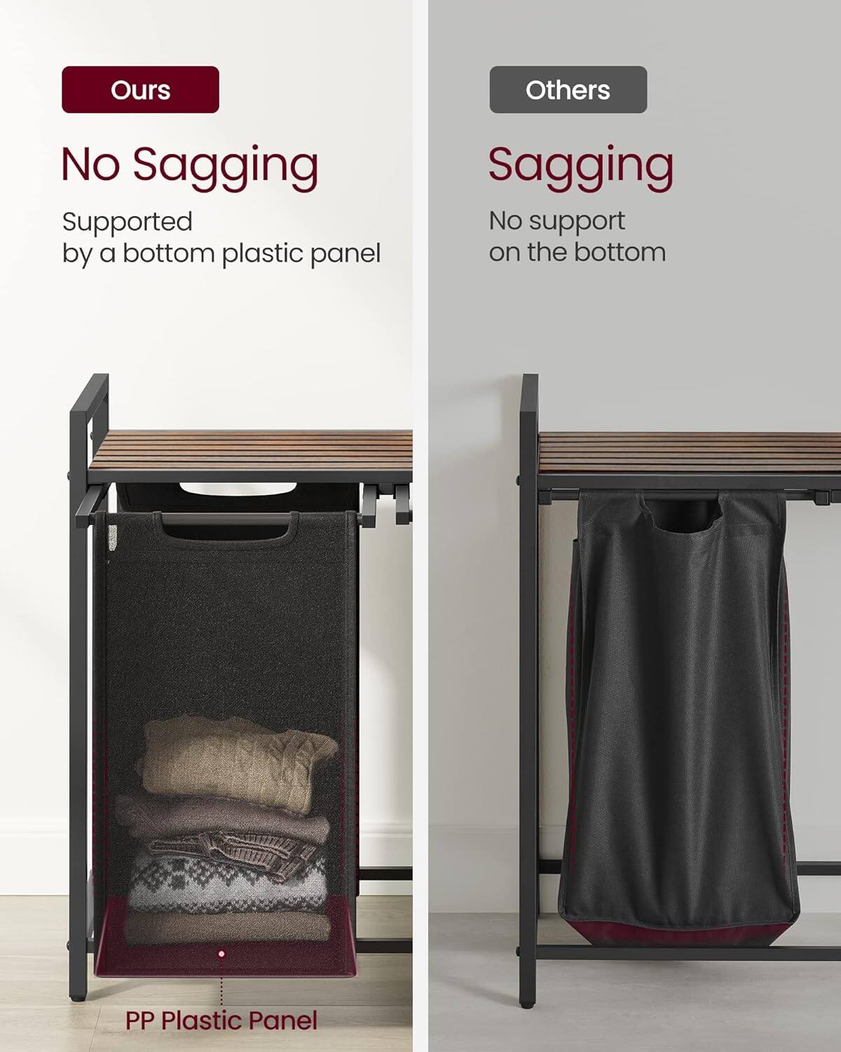 Ours: No Sagging  
Supported by a bottom plastic panel

Others: Sagging  
No support on the bottom

PP Plastic Panel