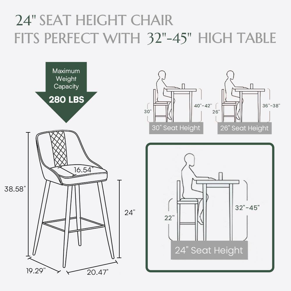 24" SEAT HEIGHT CHAIR FITS PERFECT WITH 32"-45" HIGH TABLE  
Maximum Weight Capacity: 280 LBS  
30" Seat Height  
26" Seat Height  
16.54"  
38.58"  
24"  
22"  
32"-45"  
24" Seat Height  
19.29"  
20.47"