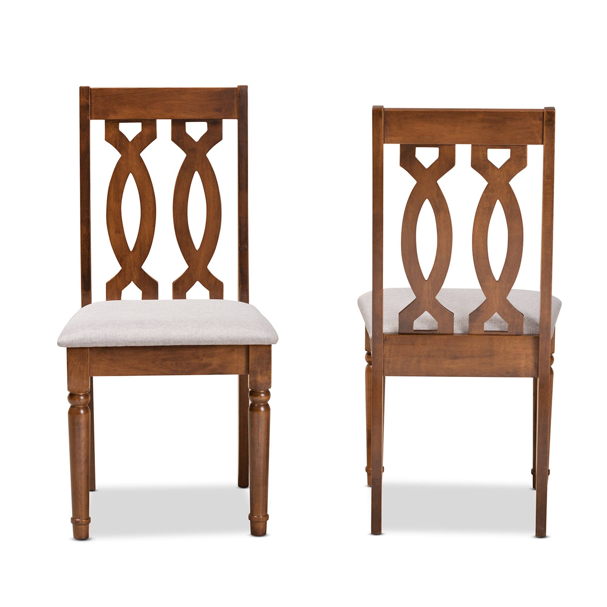 Angle. Baxton Studio - Cherese Modern Fabric Upholstered and Finished Wood 2-Piece Dining Chair Set - Grey/Walnut Brown.