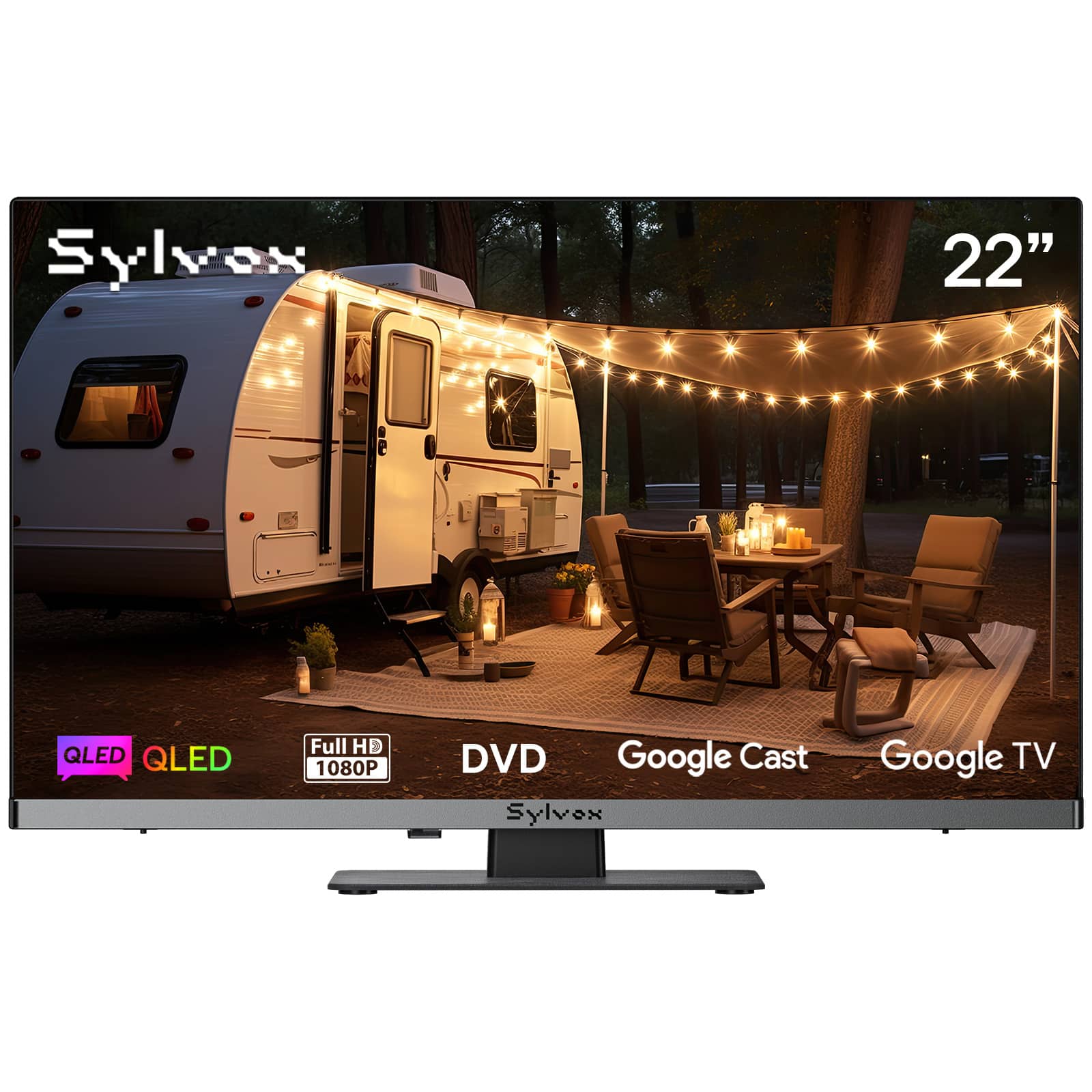Sylvox - Limo 22" QLED Google TV Smart RV TV with Built-in DVD Player, 12V/24V 1080P Full HD for Camper