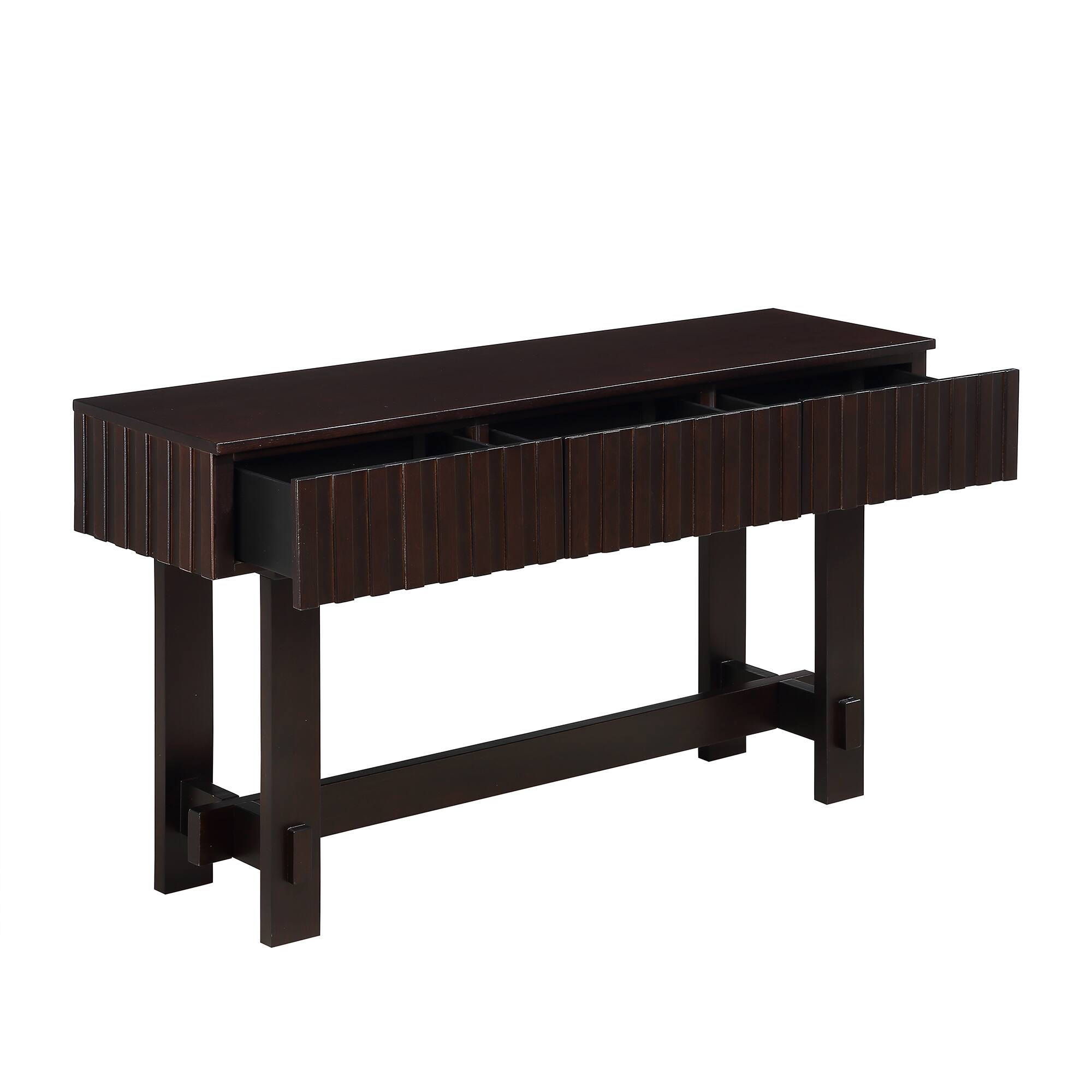 Back. GOODSILO - Modern Farmhouse Fluted Console Table with Storage Drawers - Solid Wood Legs, Versatile Entryway Sofa Table - Espresso.