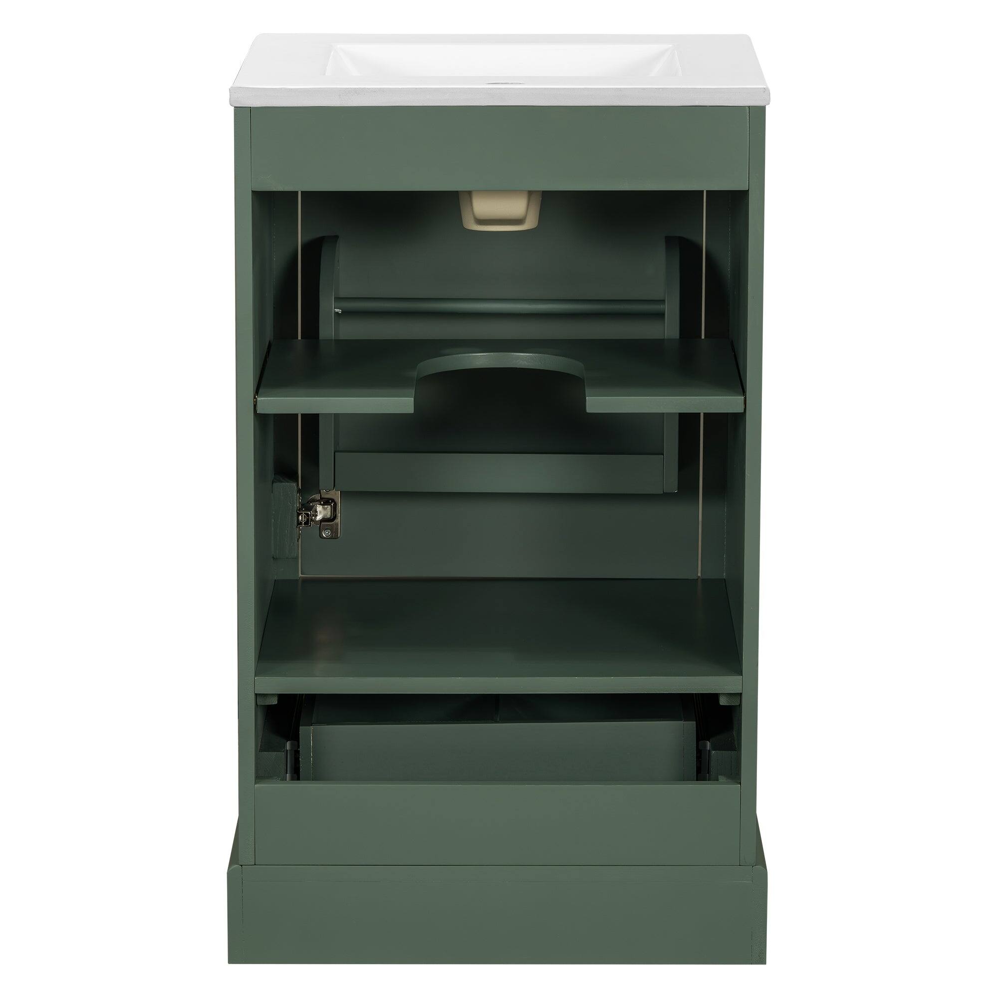 Left. Boyel Living - 20 Inch Green Bathroom Vanity with Ceramic Sink, Adjustable Shelf, Compartment Drawer, Door Storage Rack - Green.
