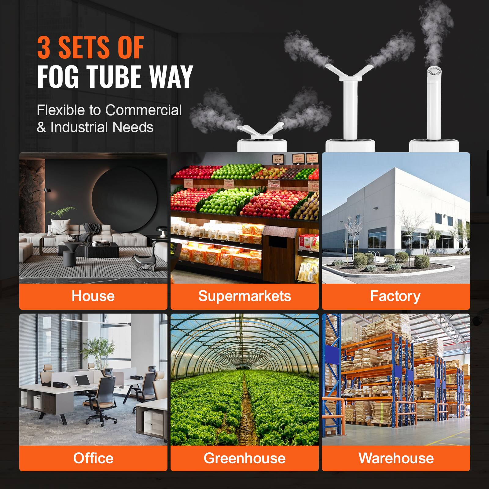3 SETS OF FOG TUBE WAY

Flexible to Commercial & Industrial Needs

- House
- Supermarkets
- Factory
- Office
- Greenhouse
- Warehouse