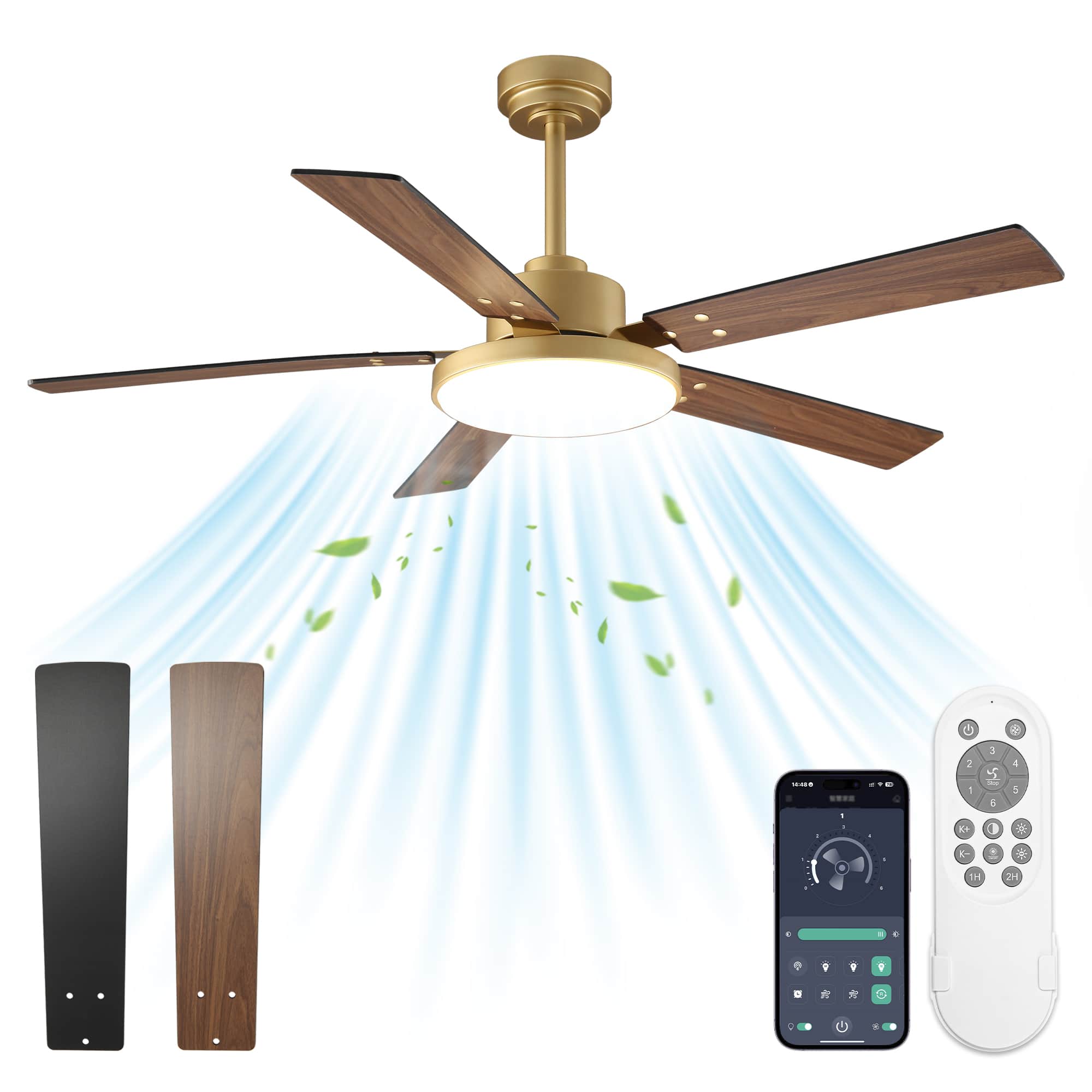 Vaczon - 52" Modern 6-Speed Dimmable LED Smart Ceiling Fan with Light and Remote and APP Control, Reversible Blades - Gold