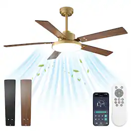 Vaczon - 52" Modern 6-Speed Dimmable LED Smart Ceiling Fan with Light and Remote and APP Control, Reversible Blades - Gold