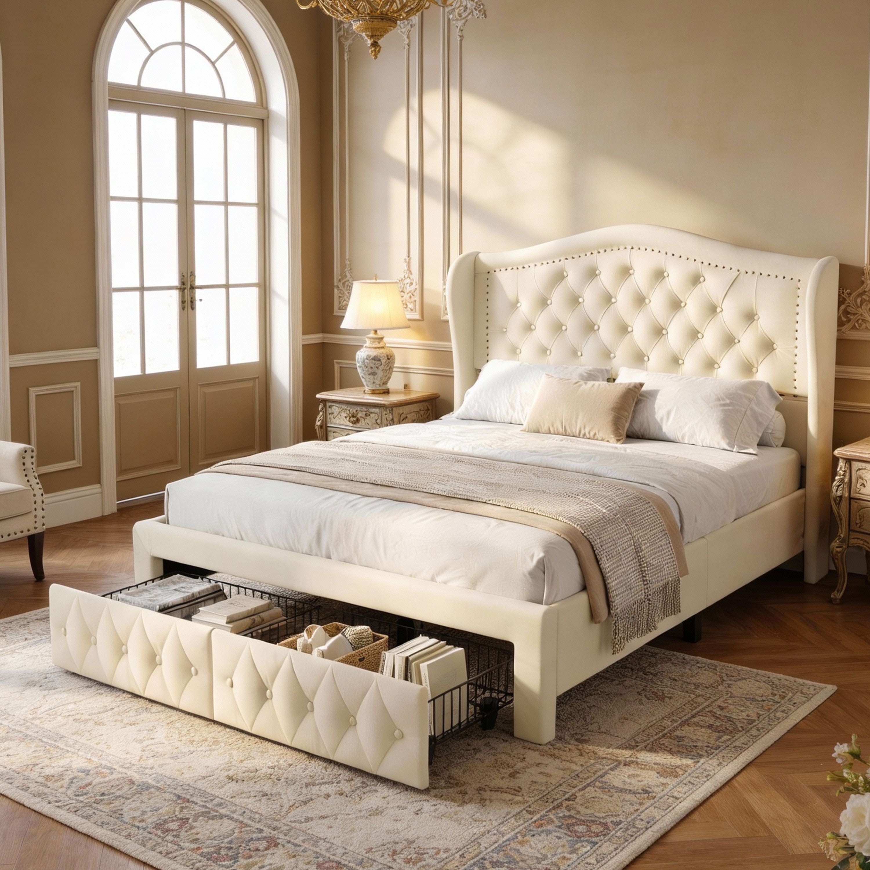 Dyonery - modern light luxury velvet bed, diamond-shaped riveted headboard, large-capacity drawers - Golden