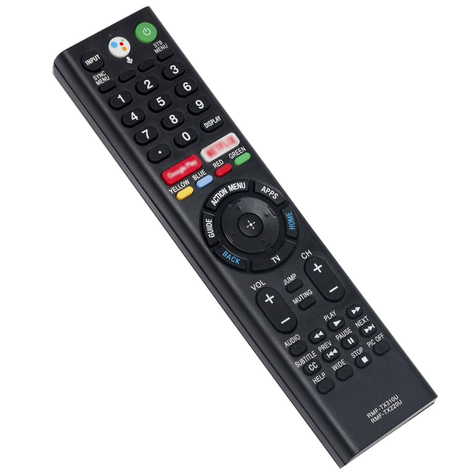 STB MENU INPUT 3 SYNC MENU 2 6 1 5 9 4 8 DISPLAY 7 0 GREEN RED BLUE YELLOW MENU ACTION APPS GUIDE HOME BACK TV CH + VOL JUMP - + MUTING - PLAY NEXT AUDIO PAUSE I OFF PREV PIC SUBTITLE STOP CC WIDE HELP TX310U RMF RMF-TX220U