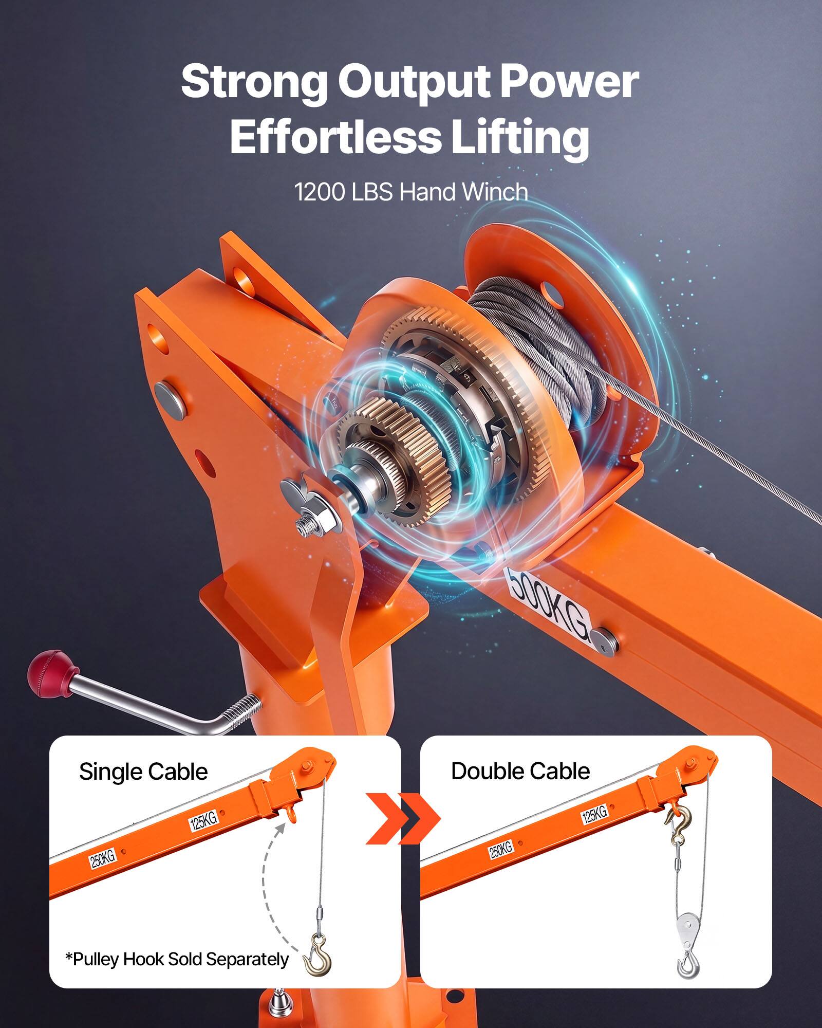 Strong Output Power Effortless Lifting 1200 LBS Hand Winch

500KG

Single Cable 125KG 250KG

Double Cable 125KG 250KG

*Pulley Hook Sold Separately
