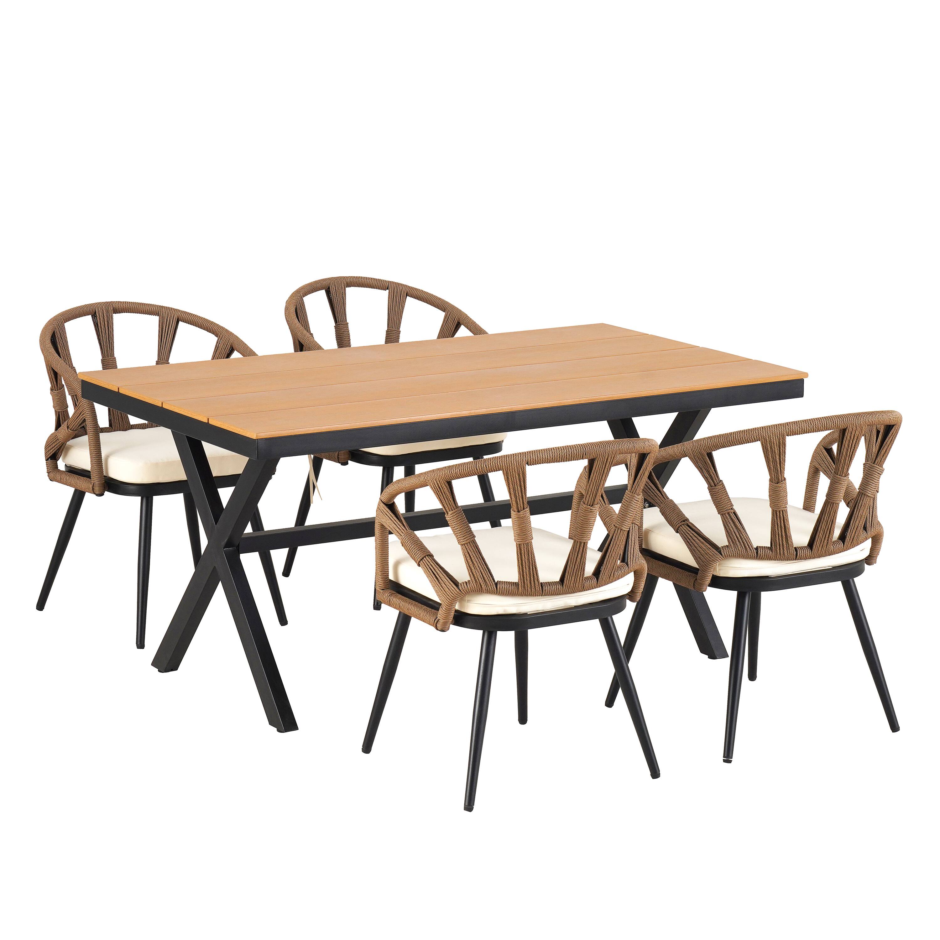 Front. Mondawe - 5-Piece Outdoor Set with PE Rattan Chairs and Plastic Wood Table - Brown.