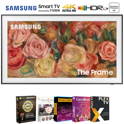 SAMSUNG Smart TV
Powered by TIZEN
4K ULTRA HD
HDR IG+
Quantum Processor 4K
The Frame
CPS DECOGEAR
26 MONTH PROTECTION
EXCLUSIVE DECO GEAR
2 MUR CABLES HDMI
DAILY BUR
FLIXFLING
Groxker
Be a better you
PLEXTV
STREAM SMARTER