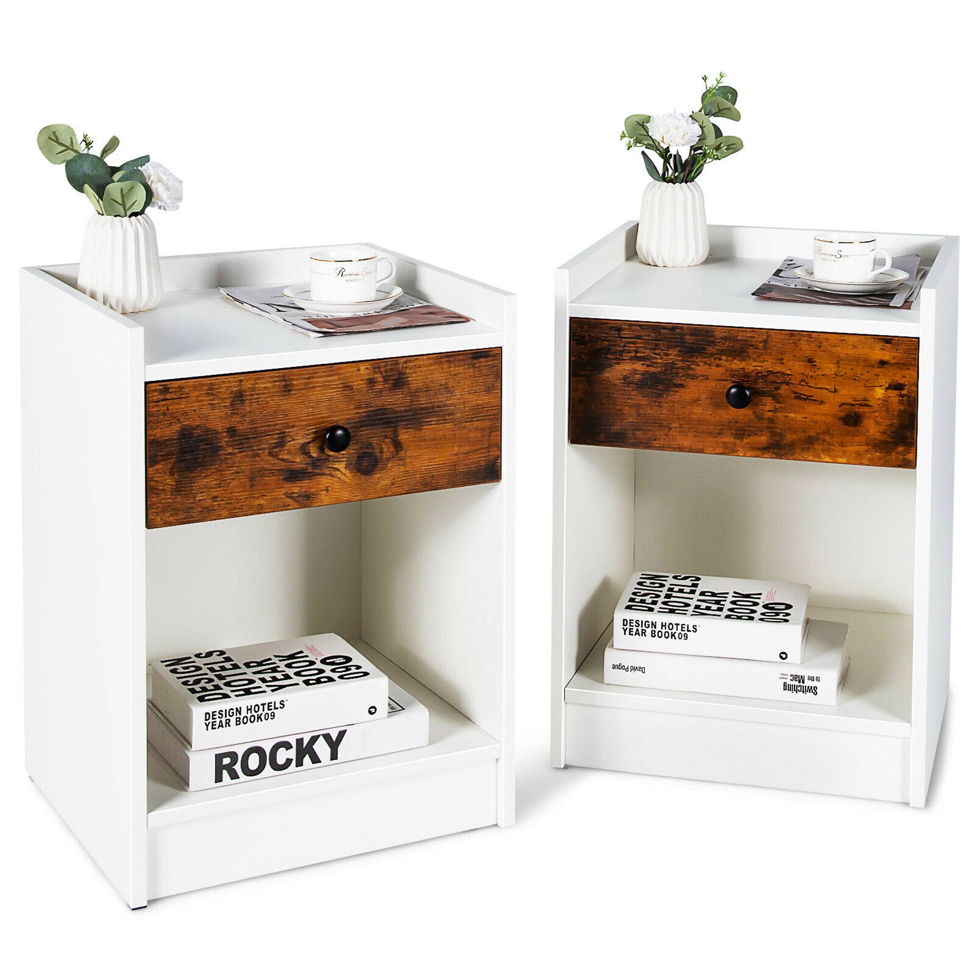 Costway - Set of 2 Nightstand with Drawer Cabinet End Side Table Raised Top - White/Brown