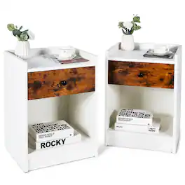 Costway - Set of 2 Nightstand with Drawer Cabinet End Side Table Raised Top - White/Brown