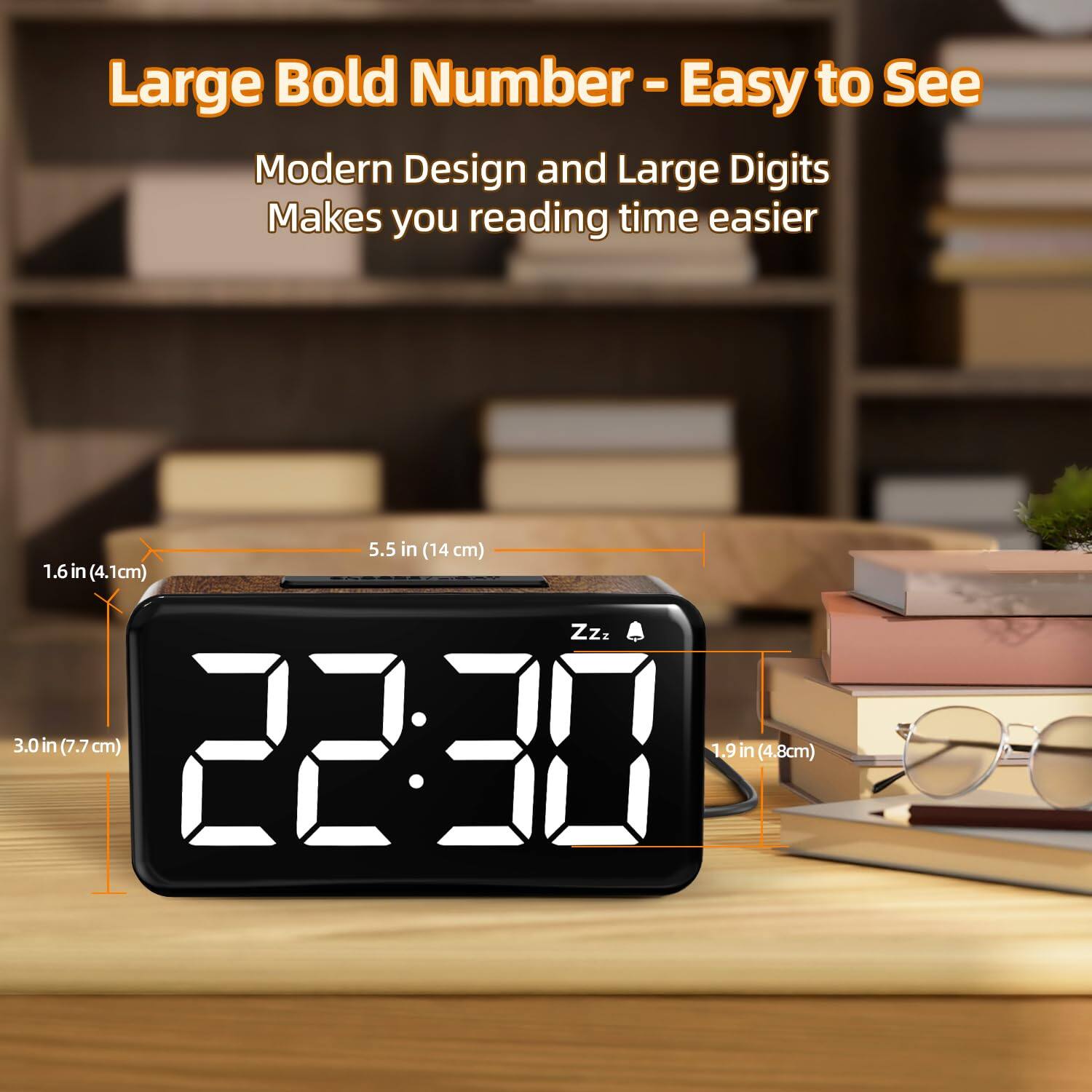 Large Bold Number - Easy to See

Modern Design and Large Digits Makes you reading time easier

5.5 in (14 cm)  
1.6 in (4.1 cm)  
3.0 in (7.7 cm)  
1.9 in (4.8 cm)