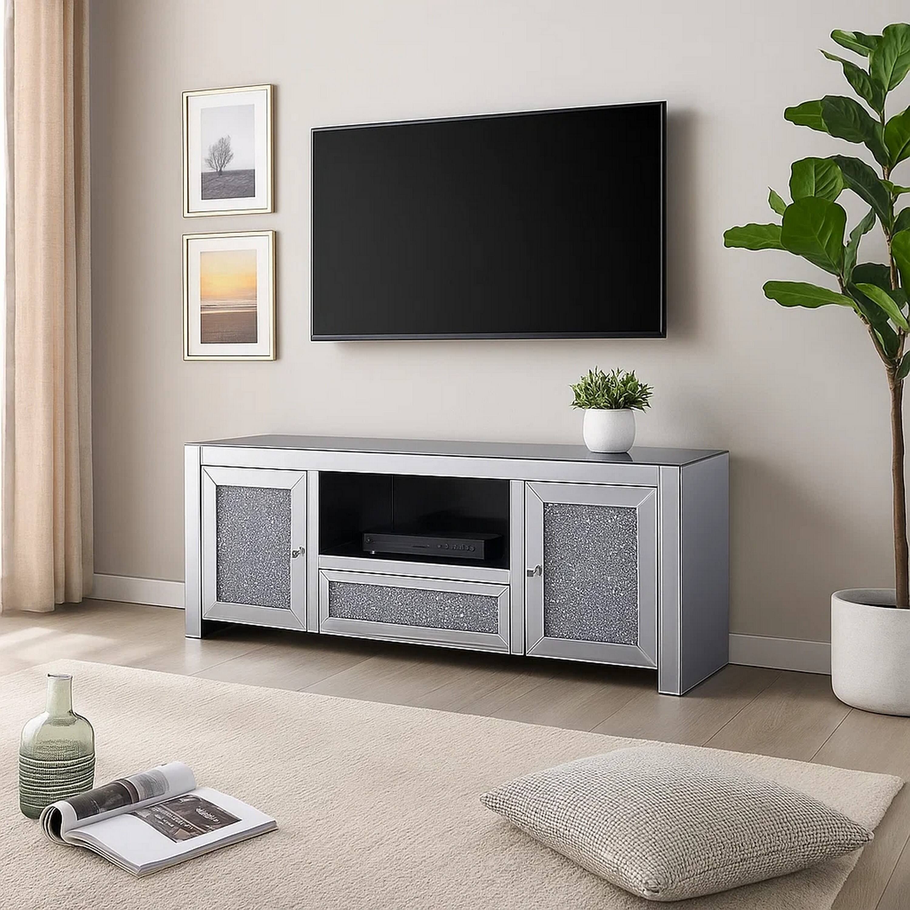 Alt View 5. Manhattan Lane - Noe 59 Inch Wood TV Entertainment Media Console, Faux Diamond Inlay - Silver.