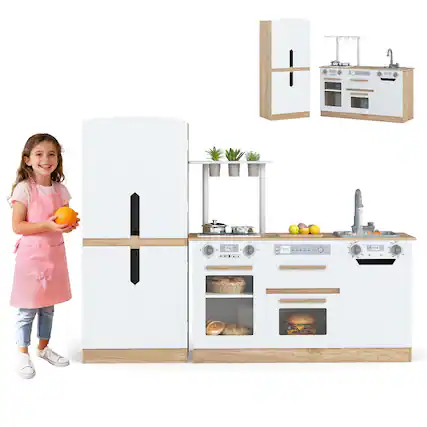 Front. Gymax - Gymax 2 PCS Kids Kitchen Playset w/Fridge Dishwasher Microwave Oven & Accessories Natural - Yellow.