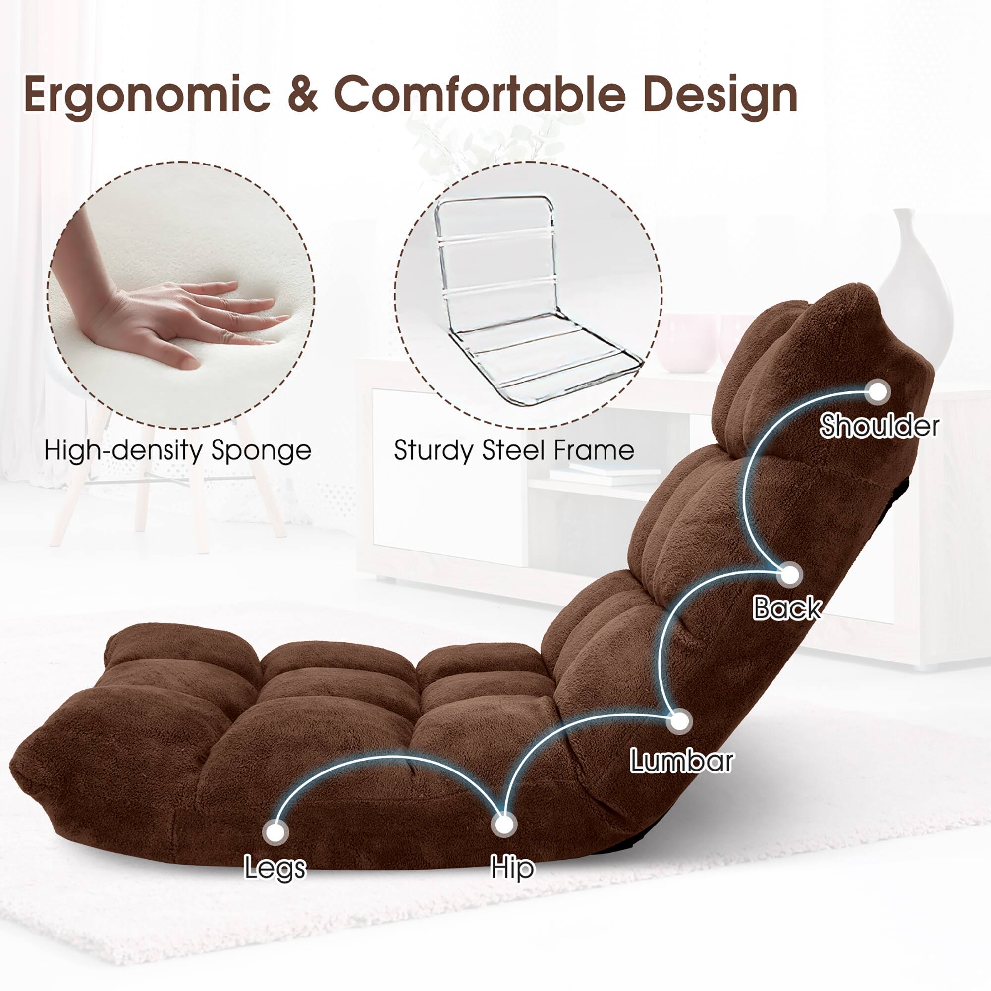 Ergonomic & Comfortable Design

- High-density Sponge
- Sturdy Steel Frame
- Shoulder
- Back
- Lumbar
- Hip
- Legs