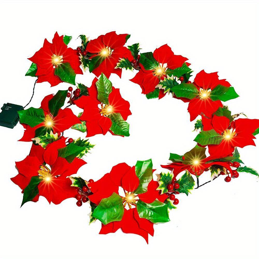 Angle. Oumilen - Christmas Poinsettia Flower String Lights – Battery Red Artificial Garland Lights for Xmas Fireplace Mantel Decor.