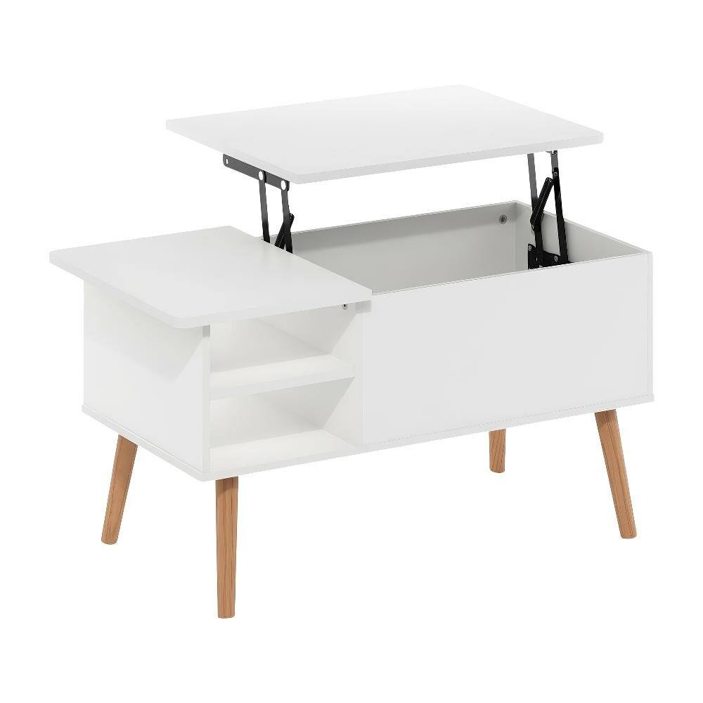 Front. FurniFact - White Coffee Table with Hidden Compartment and Open Side Shelf Storage - Solid White.