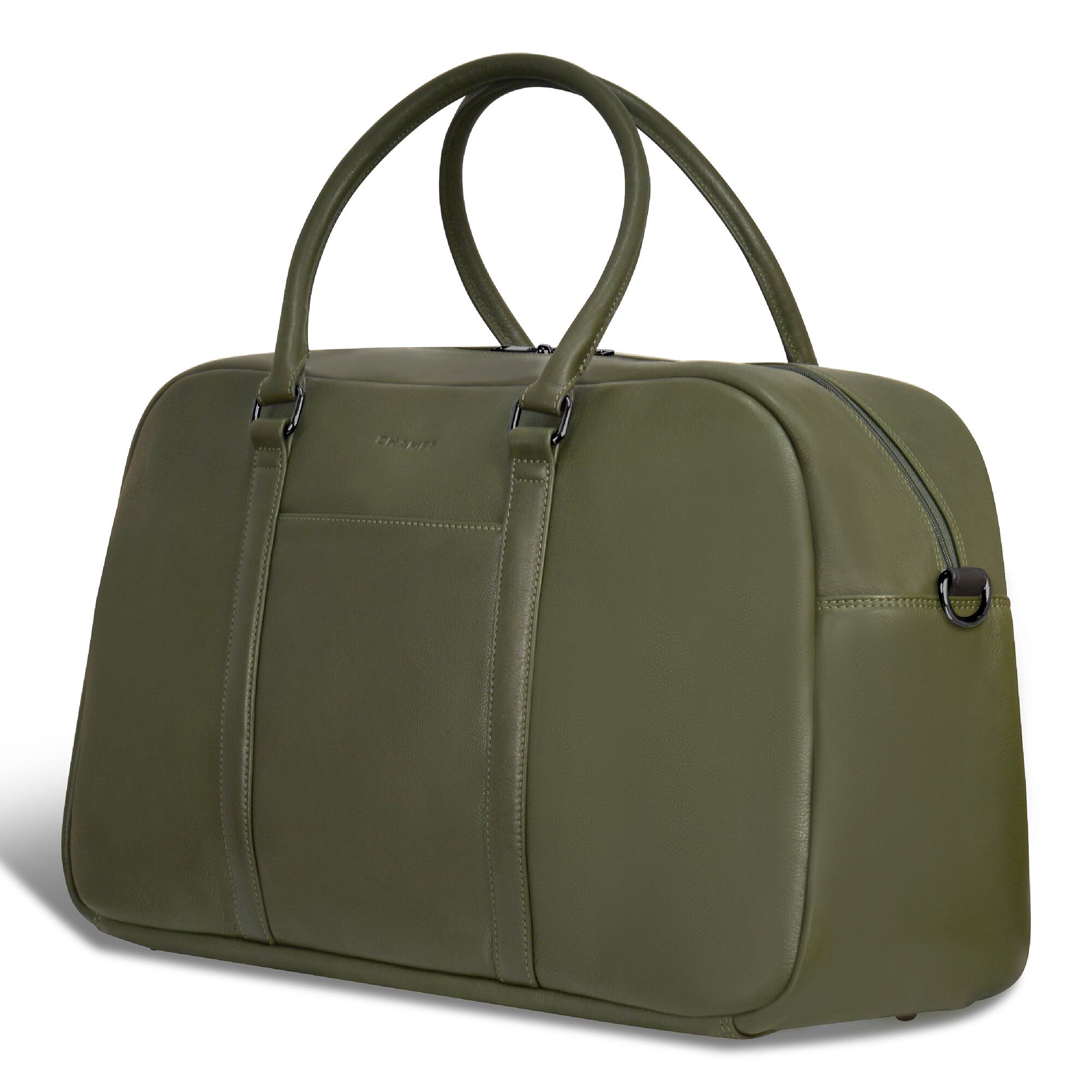 Angle. Champs - Onyx Collection Leather Duffel Laptop Bag - Khaki.