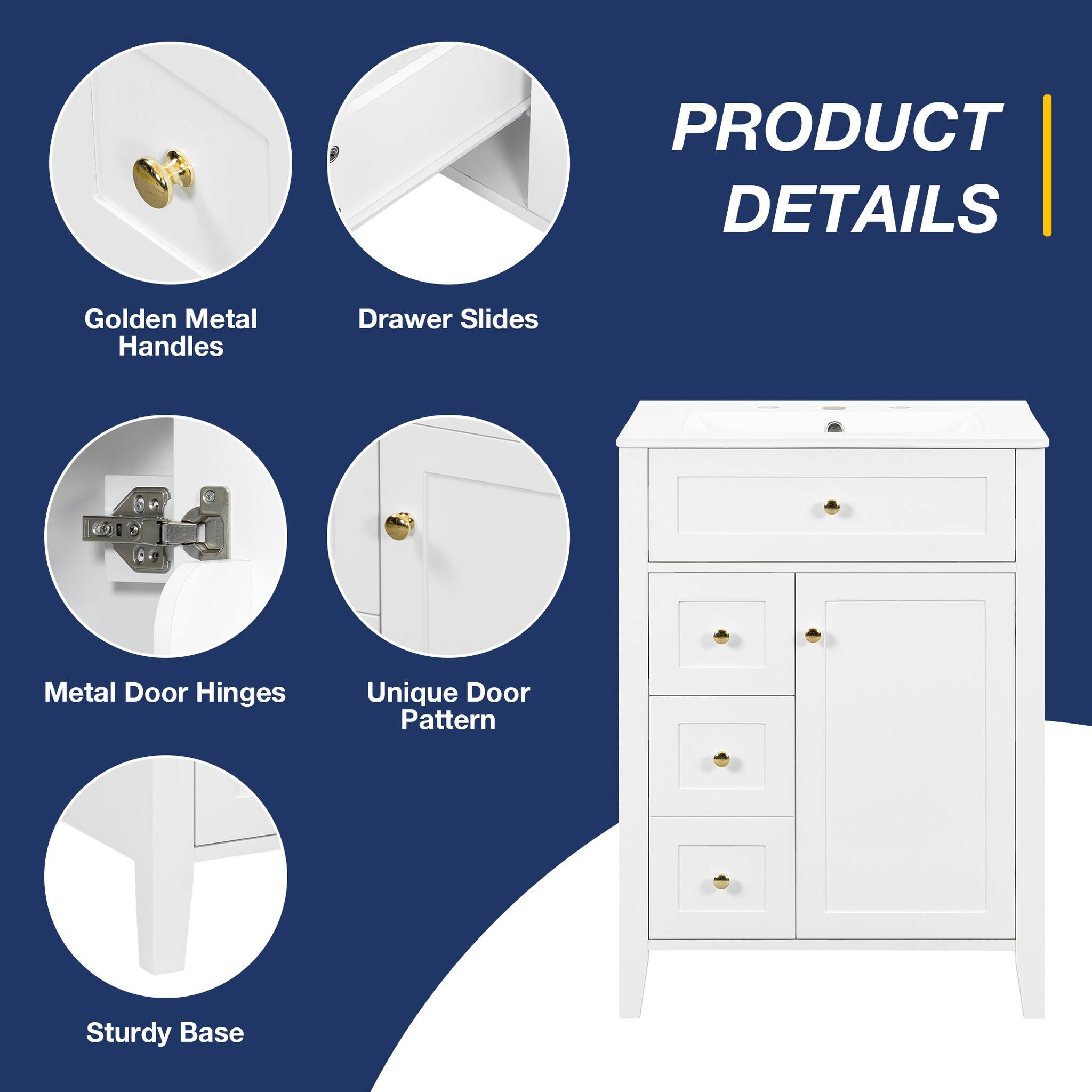 PRODUCT DETAILS

- Golden Metal Handles
- Drawer Slides
- Metal Door Hinges
- Unique Door Pattern
- Sturdy Base