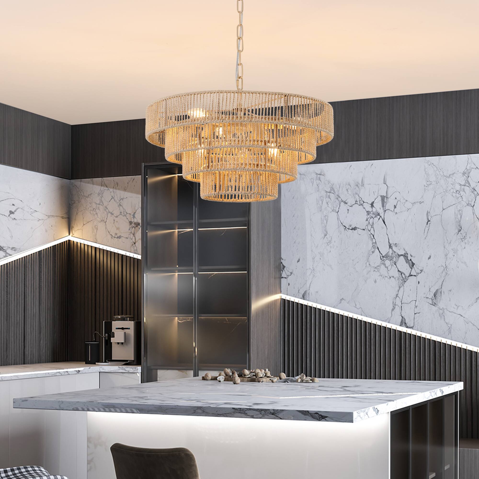 Left. Tiramisubest - 20" Modern 4-Layer Woven Hemp Rope Chandelier, Boho Style Pendant Light, Elegant Hanging Light Fixture (No Bulbs) - Wood.