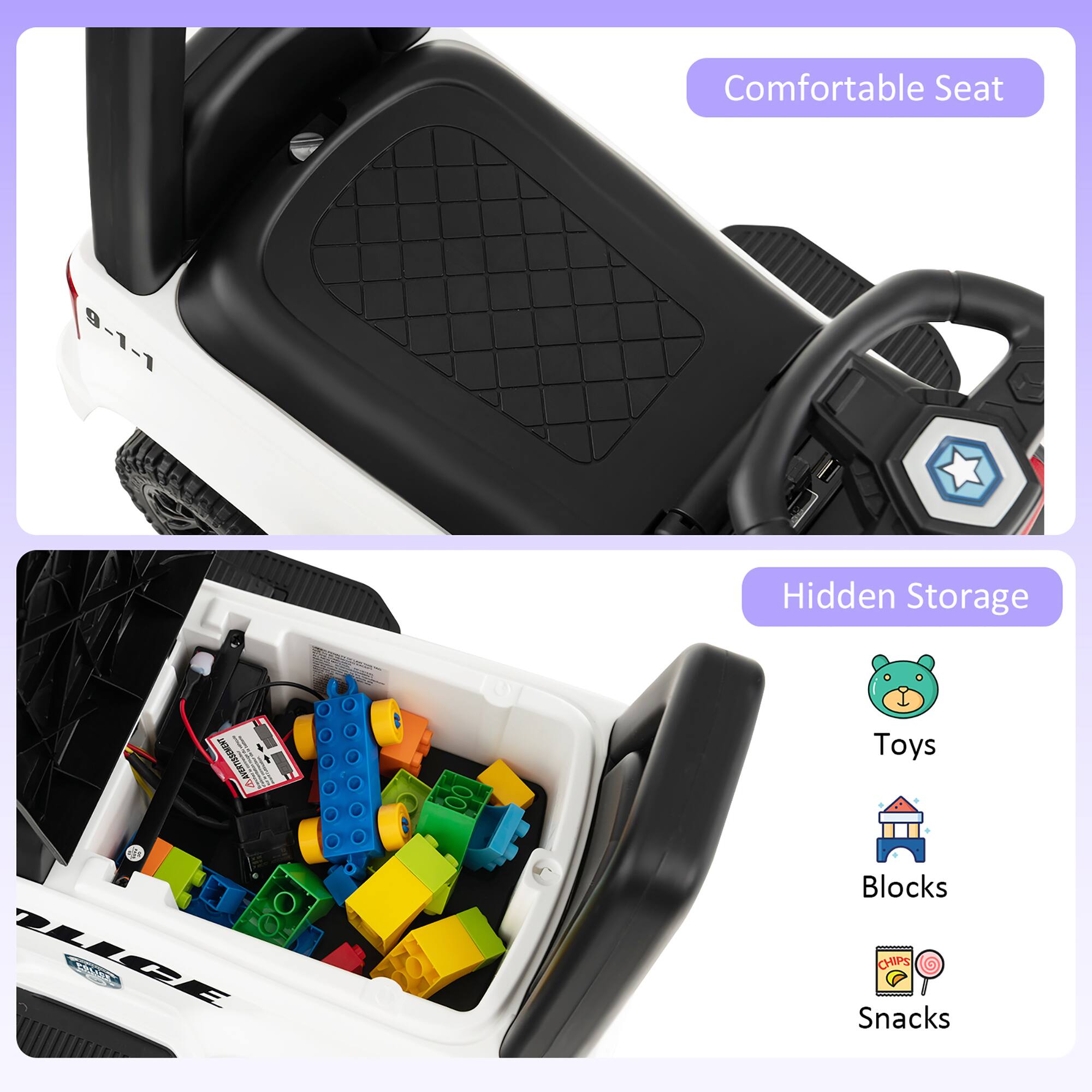 Comfortable Seat

Hidden Storage

Toys

Blocks

Snacks
