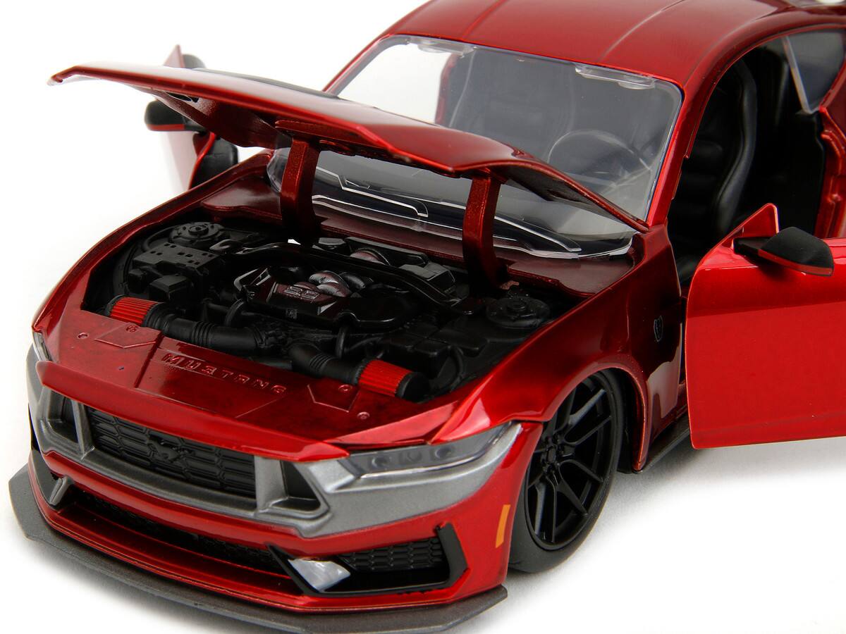 Left. Jada - 2024 Ford Mustang Dark House Candy Red with Gray Hood "Bigtime Muscle" Series 1/24 - Red.