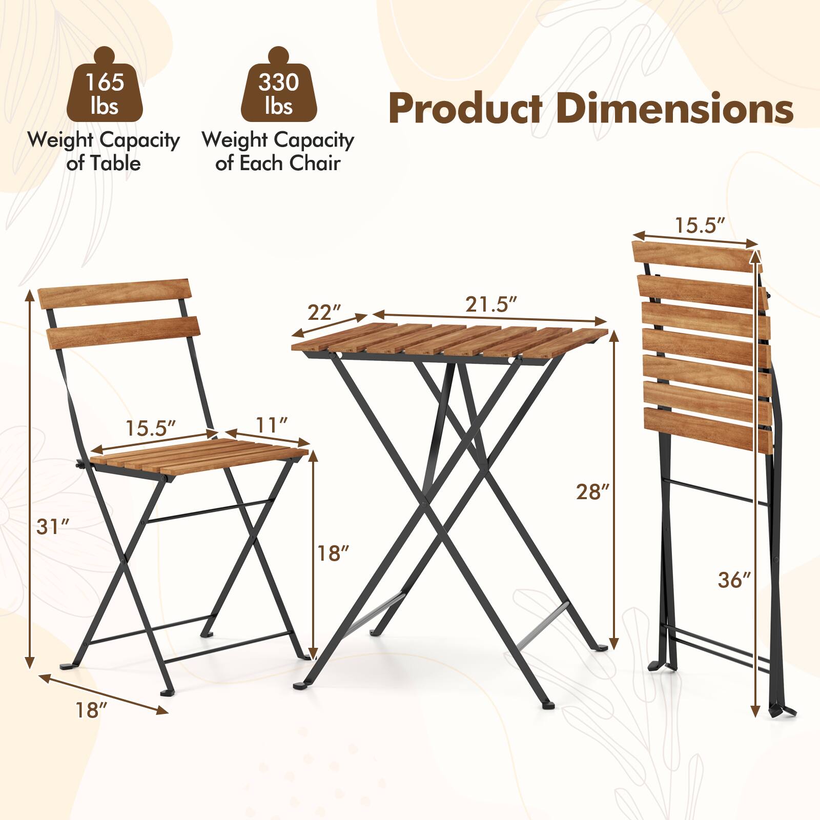 165 lbs  
330 lbs  

Product Dimensions  
Weight Capacity  
Weight Capacity of Table  
Weight Capacity of Each Chair  

15.5"  
22"  
21.5"  
15.5"  
11"  
31"  
18"  
28"  
36"  
18"