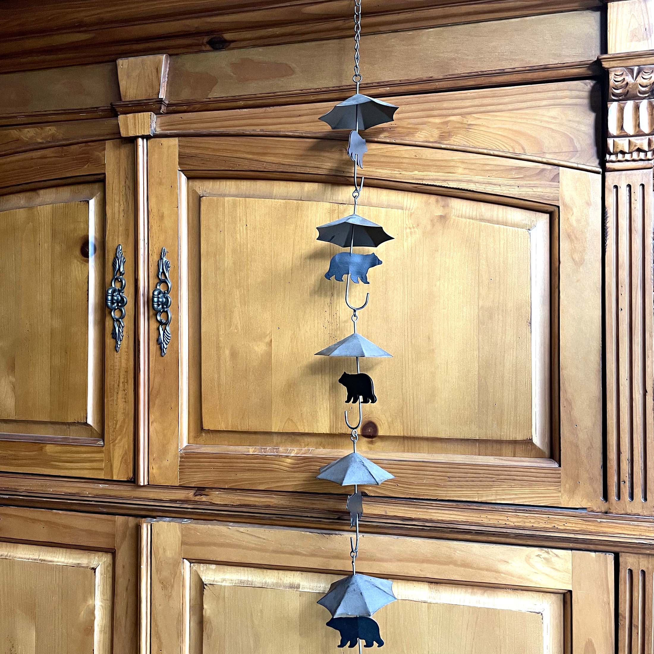 Alt View 5. Things2Die4 - Rustic Black Bear & Umbrella Rain Chain - 75" Long Distressed Copper Finish - Brown.