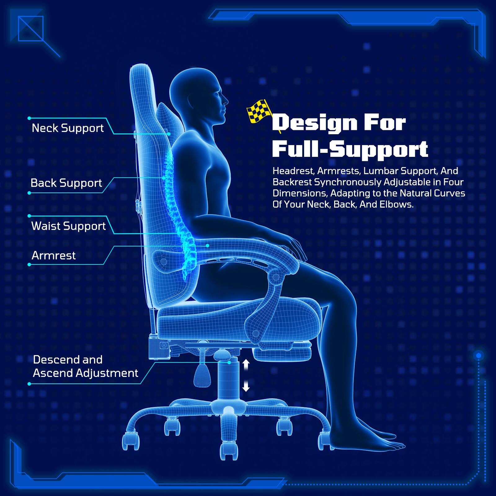 Design For Full-Support

Headrest, Armrests, Lumbar Support, And Backrest Synchronously Adjustable in Four Dimensions, Adapting to the Natural Curves Of Your Neck, Back, And Elbows.

Neck Support
Back Support
Waist Support
Armrest
Descend and Ascend Adjustment