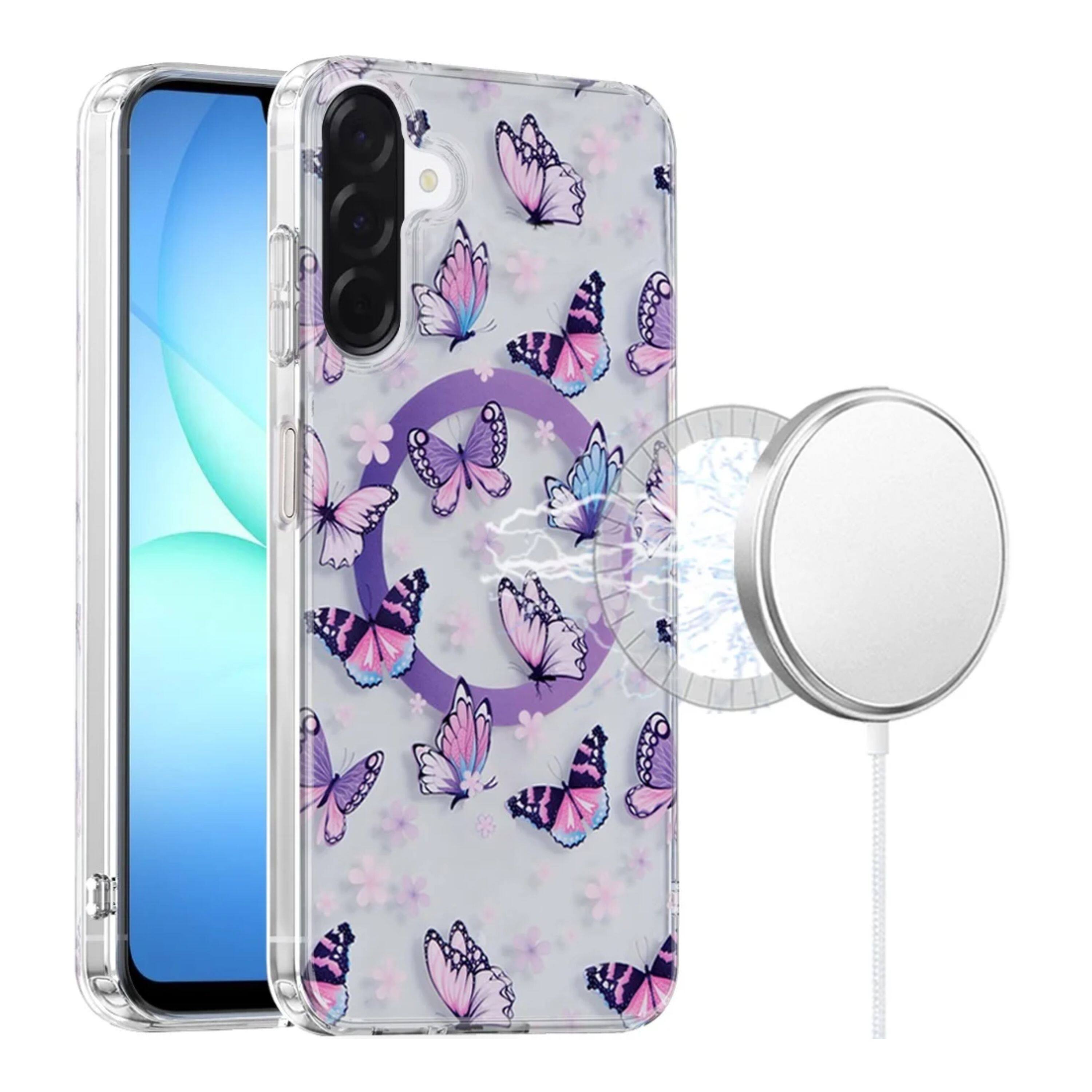 Angle. Kitcheniva - IMD Dual Layer Magnetic Circle Cover Phone Case With Tempered Glass For Samsung Galaxy A17 5G Purple Butterfly - Purple Butterfly.
