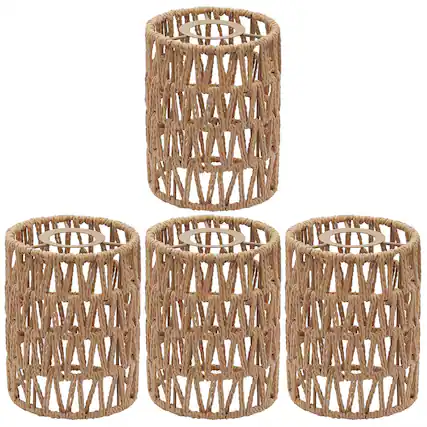 Front. Comfort Essence - Rattan Lamp Shade pack Retro Small Wicker Replacement Boho Woven Pendant Light Lampshade Cover For Chandel - 4 Pack-Yellow.