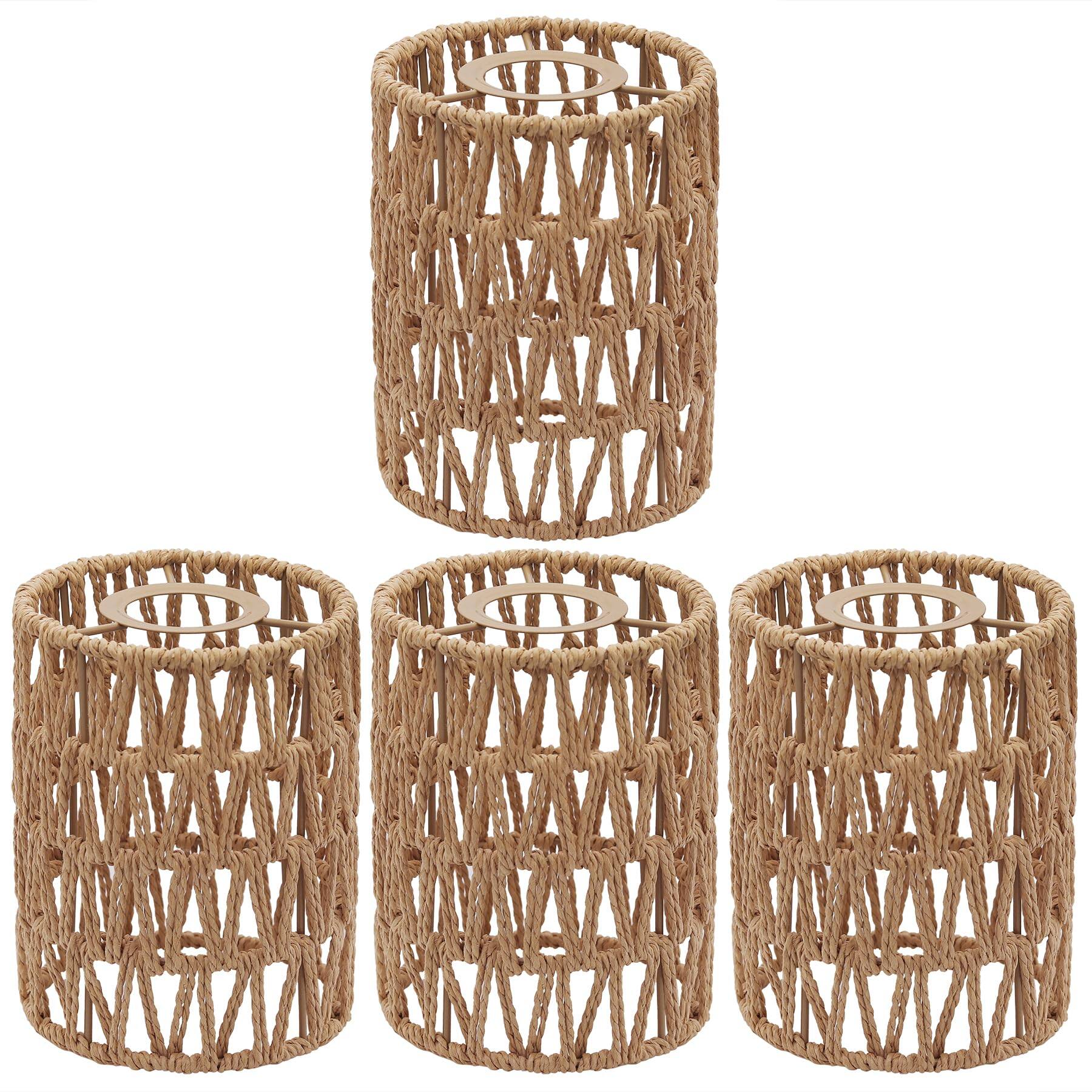 Front. Comfort Essence - Rattan Lamp Shade pack Retro Small Wicker Replacement Boho Woven Pendant Light Lampshade Cover For Chandel - 4 Pack-Yellow.