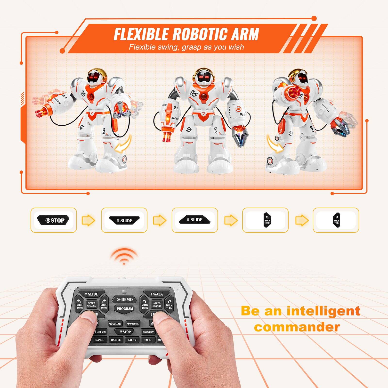 FLEXIBLE ROBOTIC ARM  
Flexible swing, grasp as you wish

STOP  
SLIDE  
SLIDE  
SLIDE  
DANCE  
TALK

Be an intelligent commander