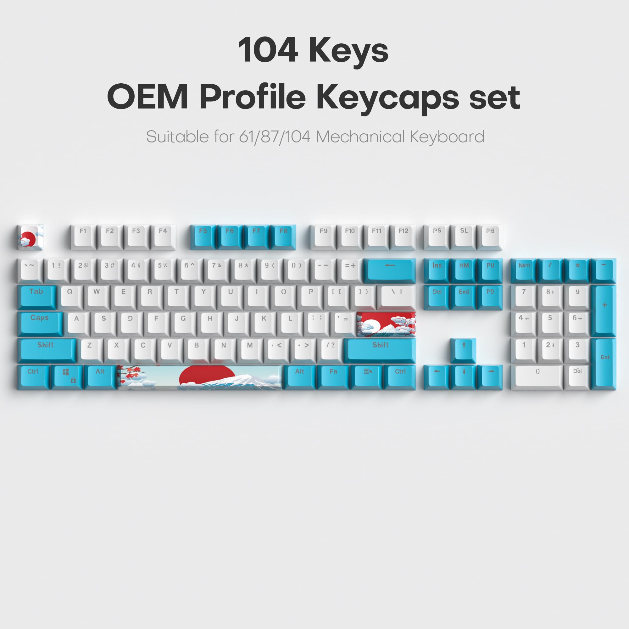 104 Keys OEM Profile Keycaps set  
Suitable for 61/87/104 Mechanical Keyboard  

F1 F2 F3 F4 F5 F6 F7 F8 F9 F10 F11 F12  
PS SL P8  
Ins HM PU Num  
Tab Q W E R T Y U I O P  
Caps A S D F G H J K L  
Shift Z X C V B N M  
Ctrl Alt Alt  
Shift  
Ctrl Alt
