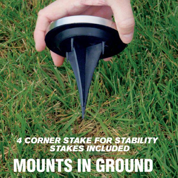 4 Corner Stake for Stability  
Stakes Included  
Mounts in Ground