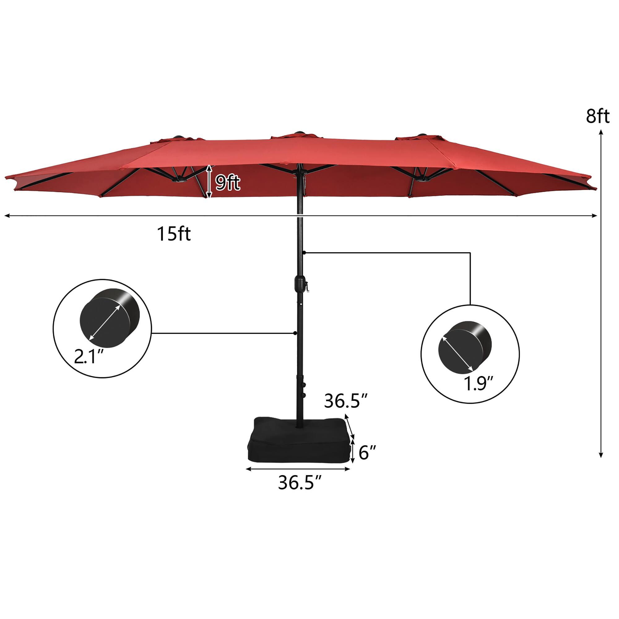 8ft, 9ft, 15ft, 2.1", 36.5", 1.9", 36.5", 6"