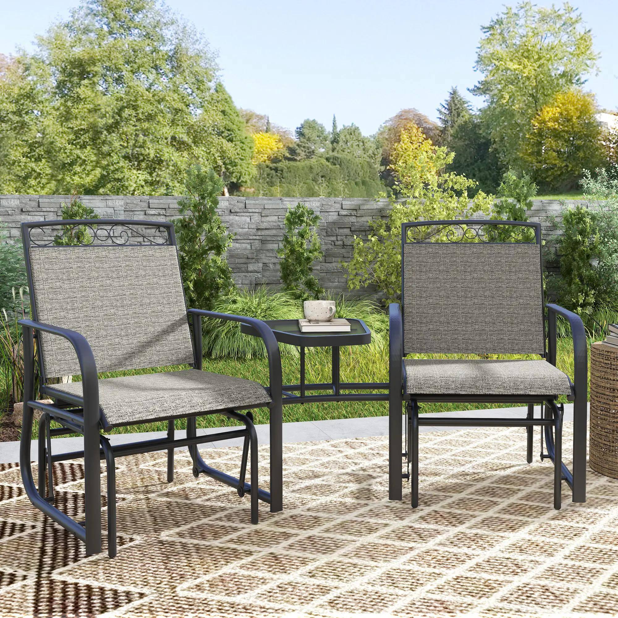 Left. Resenkos - Resenkos Patio Glider Chairs with Coffee Table, 2-Seat Swing Rocker, Breathable Sling, Outdoor Backyard Relaxation, Gray - Gray.