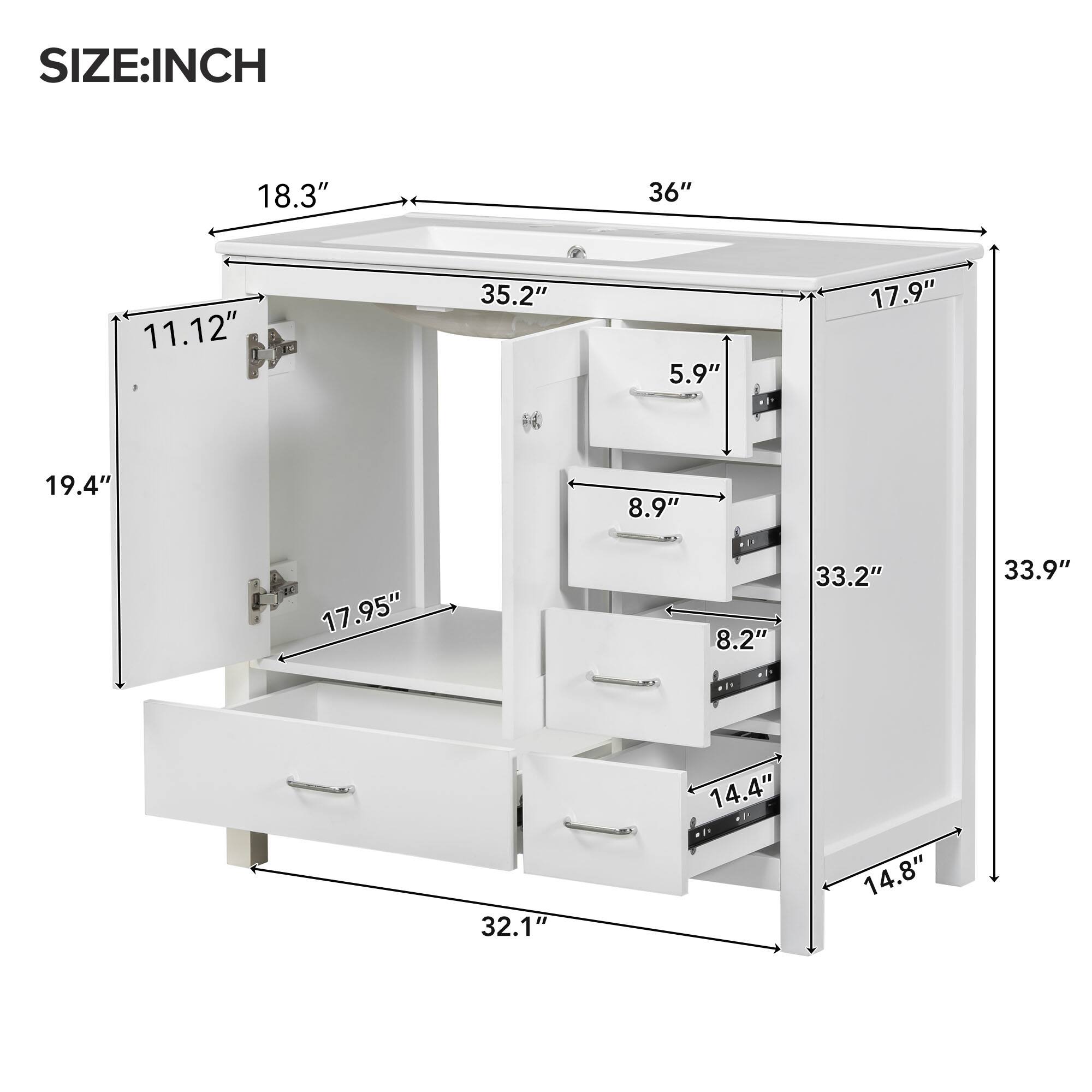 SIZE: INCH  
18.3" 36" 11.12" 35.2" 5.9" 17.9" 6 19.4" 8.9" 17.95" 8.2" 33.2" 33.9" 32.1" 14.4" 14.8"