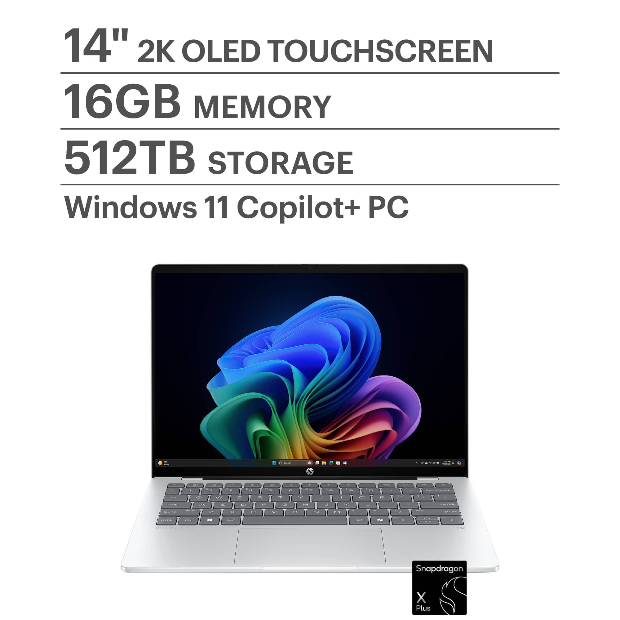 HP - OmniBook 5 - Copilot+ PC - 14" 2K OLED Touch-Screen Laptop - Snapdragon X Plus - 16GB Memory - 512GB SSD - Glacier Silver - Front_Zoom