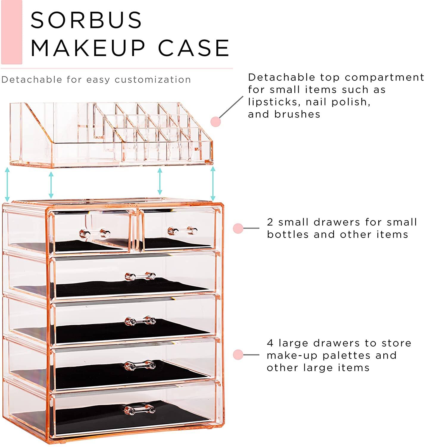 SORBUS MAKEUP CASE

- Detachable for easy customization
- Detachable top compartment for small items such as lipsticks, nail polish, and brushes
- 2 small drawers for small bottles and other items
- 4 large drawers to store make-up palettes and other large items