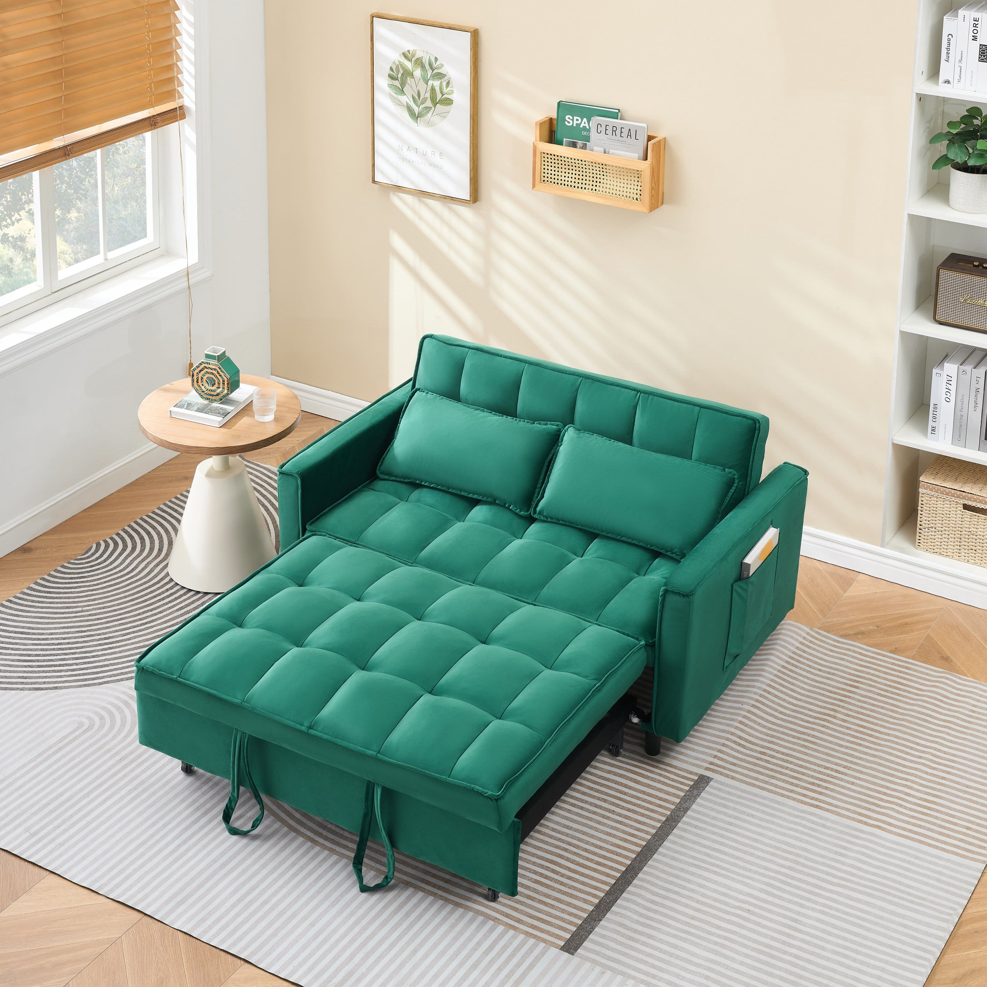 Trinkets Crazed - 3 in 1 Velvet Convertible Sleeper Sofa Bed, Futon Couches for Living Room with Side Pocket/Adjustable Backrest - Green